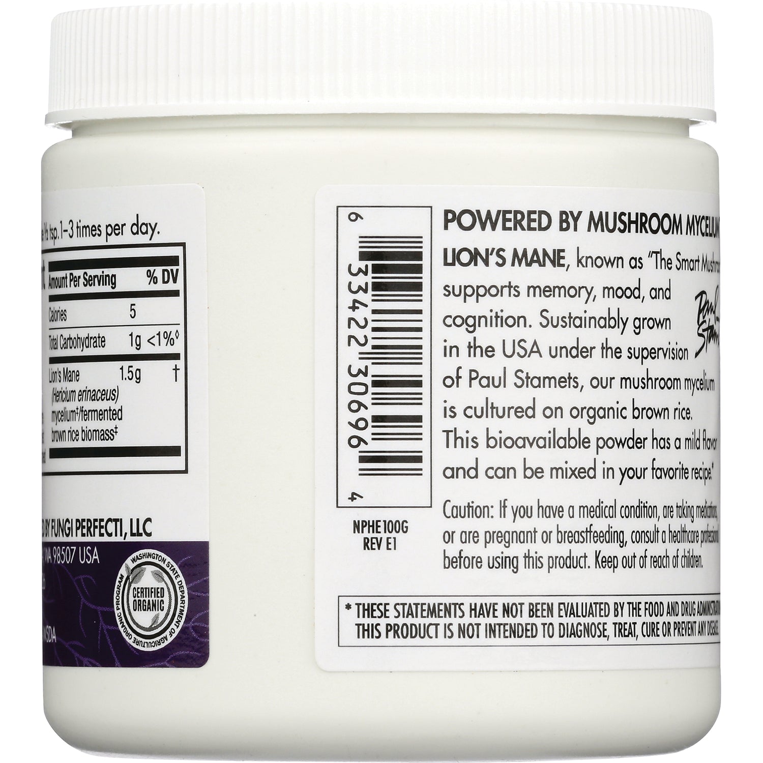 Jar back label showing barcode, text POWERED BY MUSHROOM MYCELIUM, supplement facts panel and caution statement