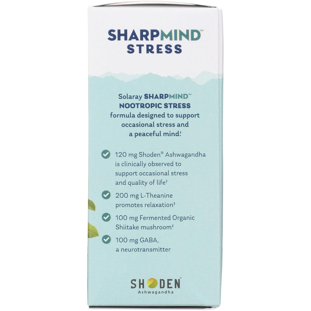 SLR486 | product infographic listing SHARPMIND Stress with 120 mg Shoden Ashwagandha, 200 mg L-Theanine, 100 mg shiitake, 100 mg GABA - Thumbnail
