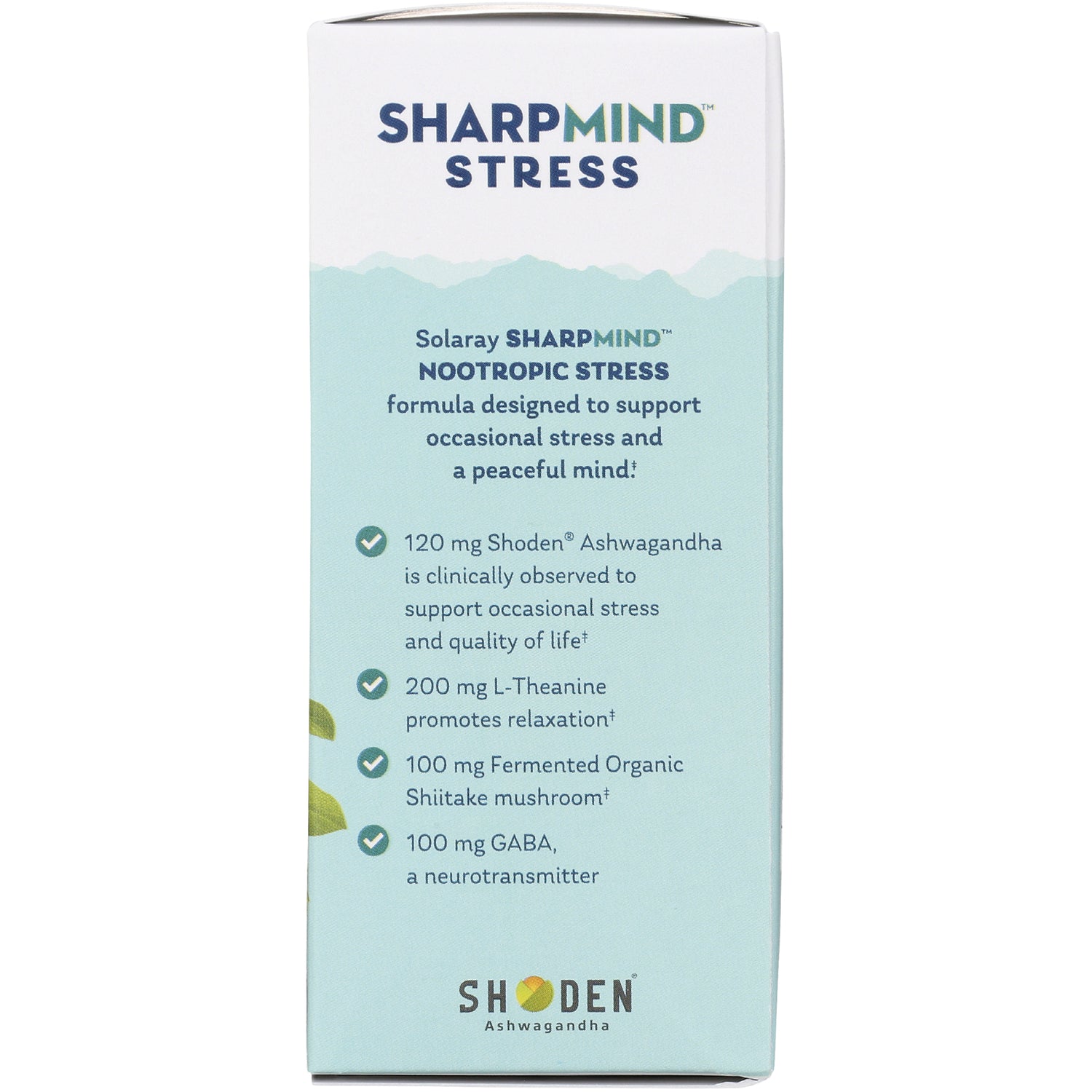 SLR486 | product infographic listing SHARPMIND Stress with 120 mg Shoden Ashwagandha, 200 mg L-Theanine, 100 mg shiitake, 100 mg GABA