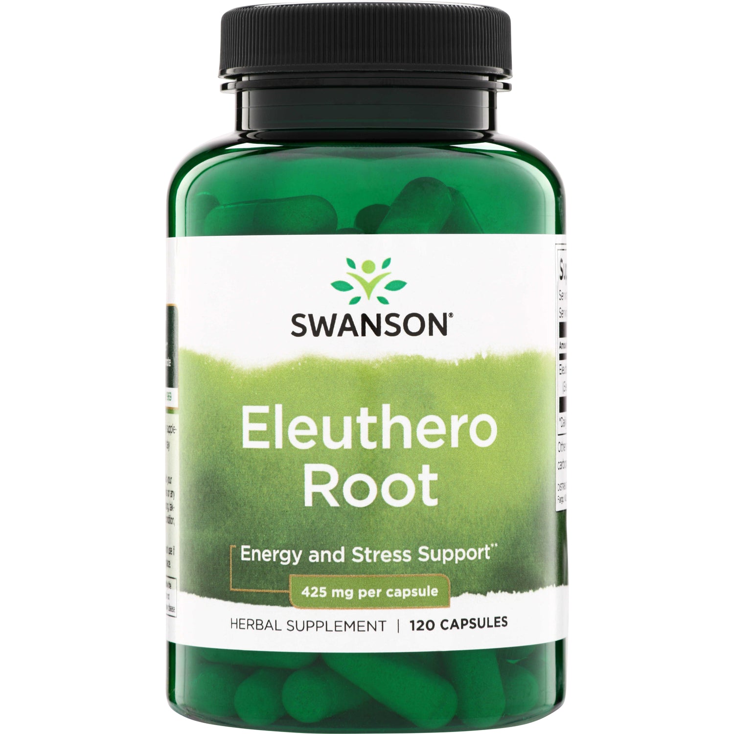 SW1345 | Swanson Eleuthero Root supplement bottle, 425 mg per capsule, 120 capsules, Energy and Stress Support