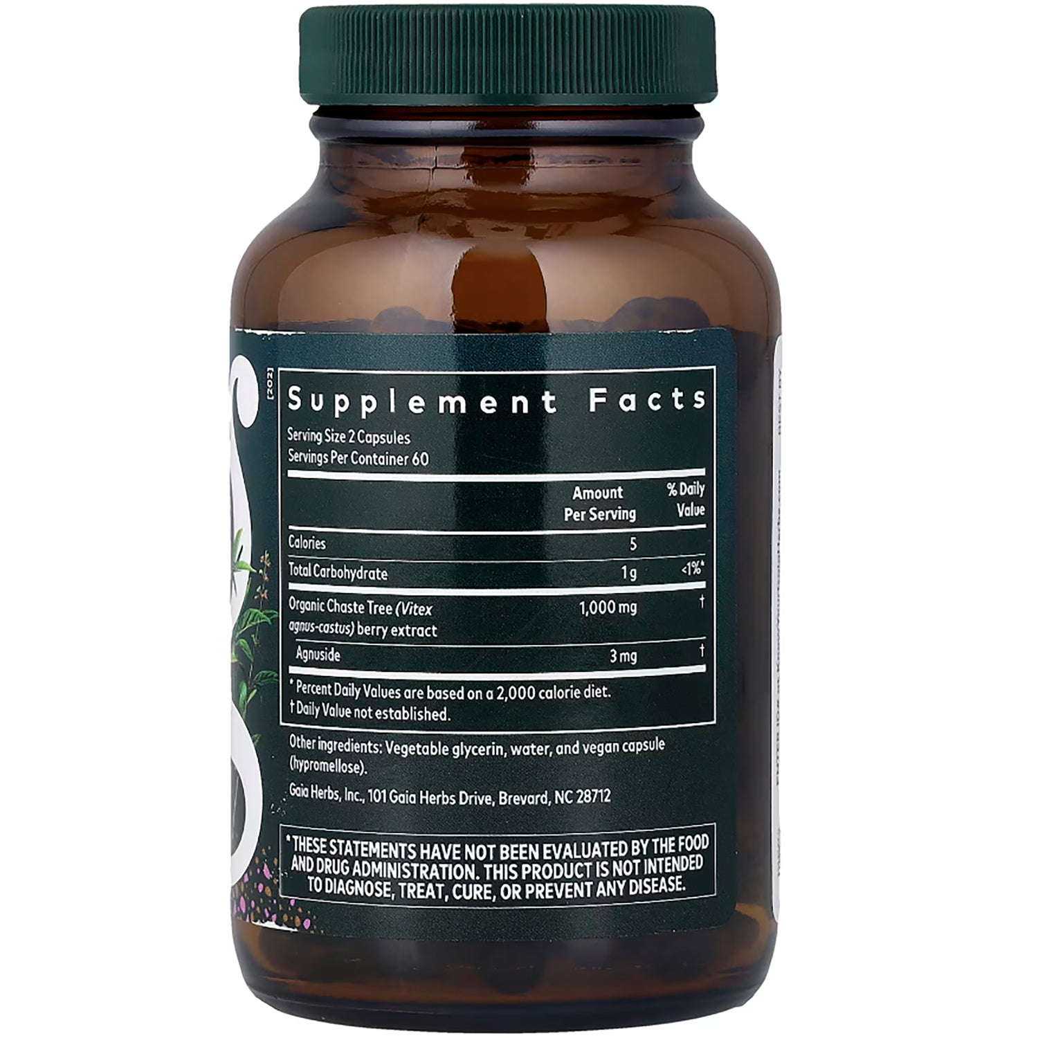 GH133 | Back label showing Supplement Facts with serving size 2 capsules, Organic Chaste Tree 1,000 mg, vegan gluten-free soy-free