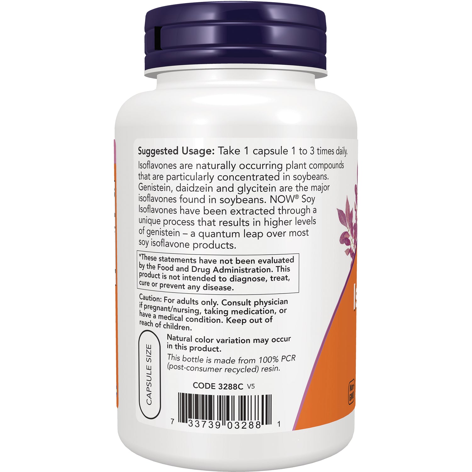 NWF573 | Back of white supplement bottle showing suggested usage text, caution box, barcode and purple cap