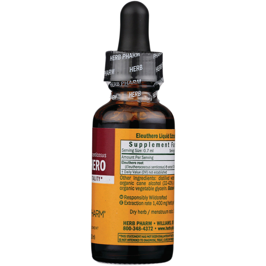 HPH013 | Back of amber dropper bottle showing Supplement Facts and ingredients label for Eleuthero liquid extract, Herb Pharm - Thumbnail