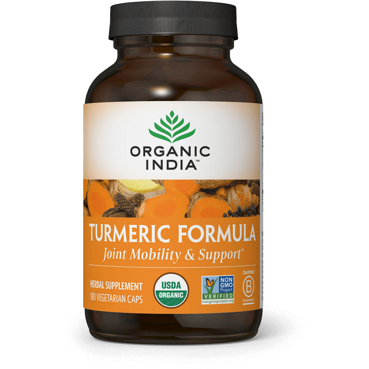 RGN079 | Organic India Turmeric Formula bottle front label with Joint Mobility & Support and USDA Organic badge
