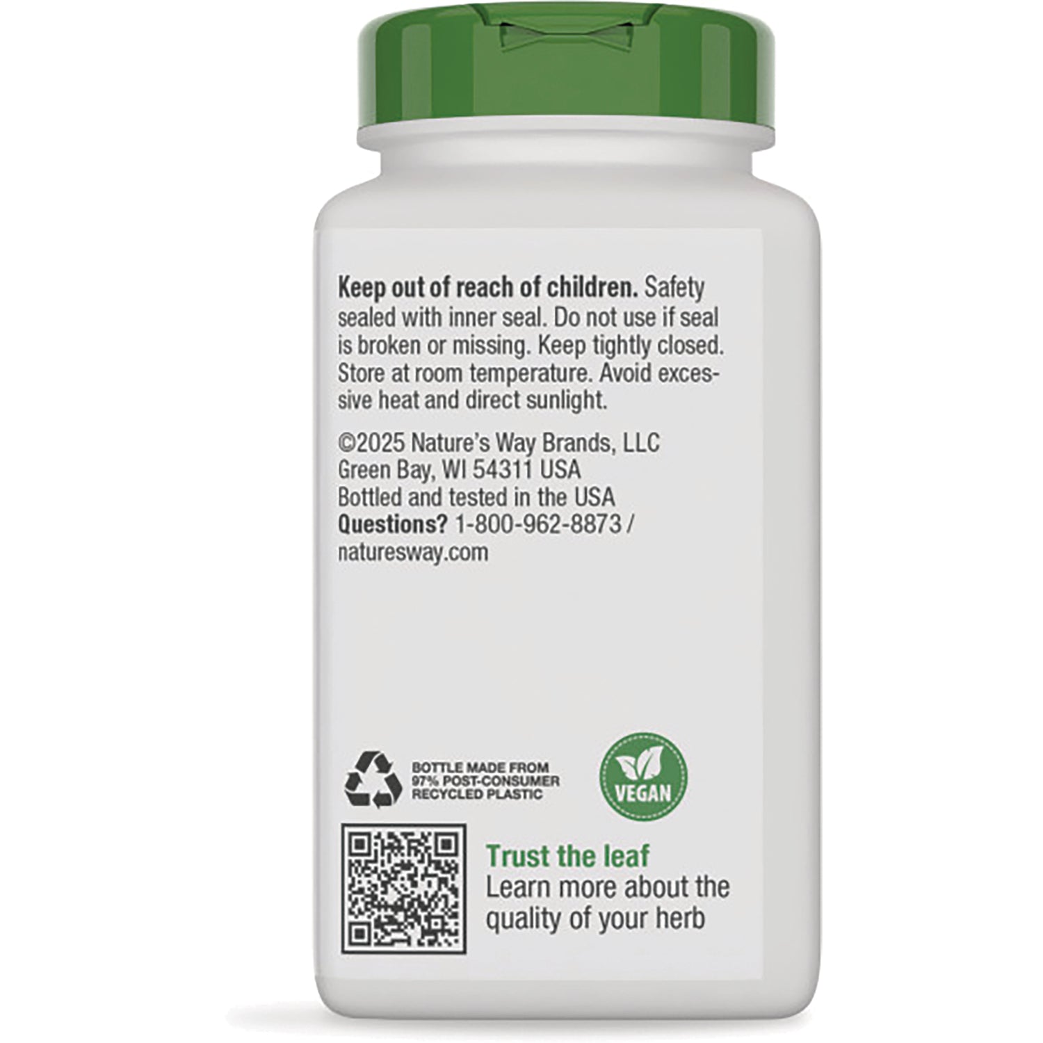 NW781 | Back label of white supplement bottle showing safety text, vegan icon, recycling symbol, and QR code