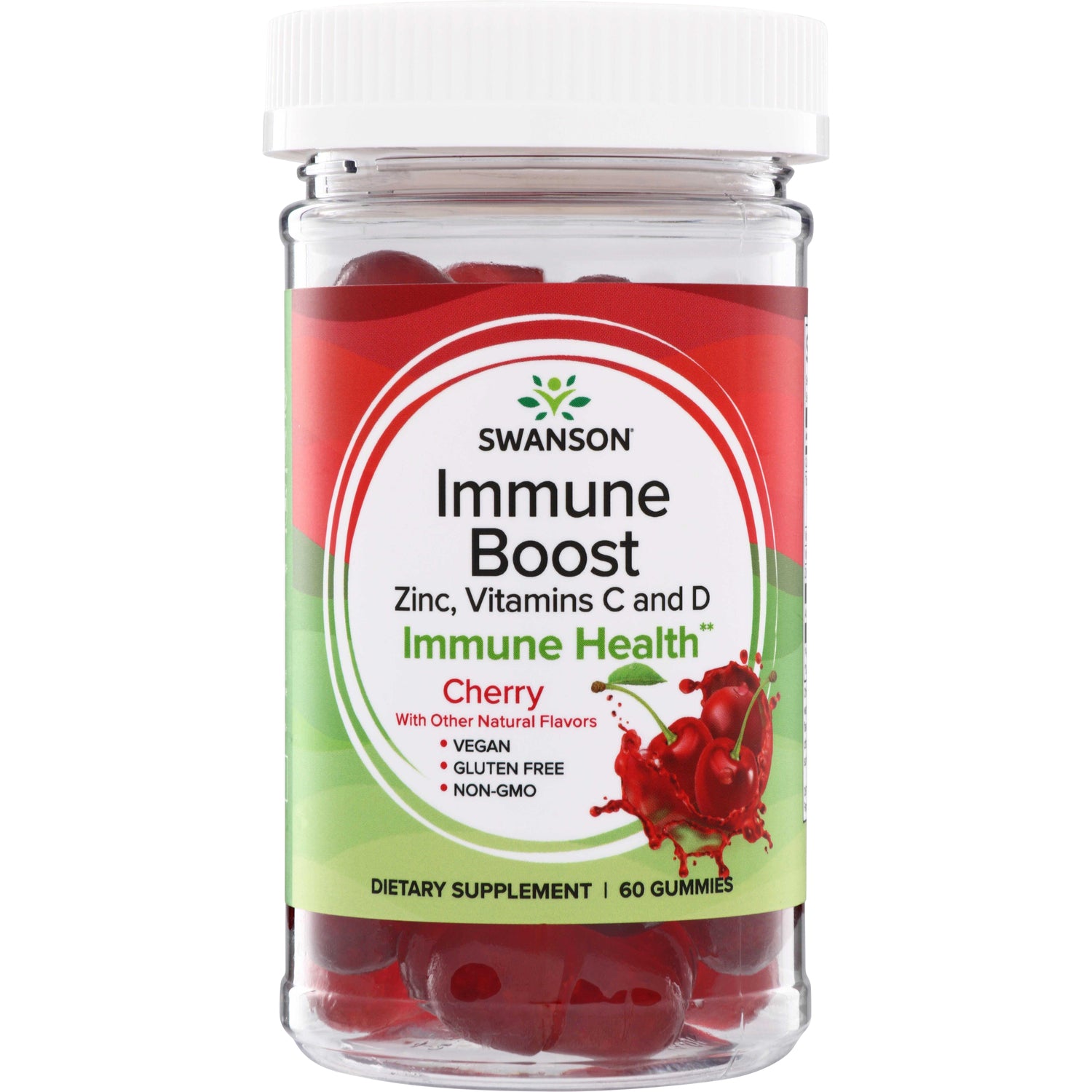SW1847 | Swanson Immune Boost cherry gummies with zinc, vitamins C and D; vegan, gluten free, non-GMO, 60 gummies