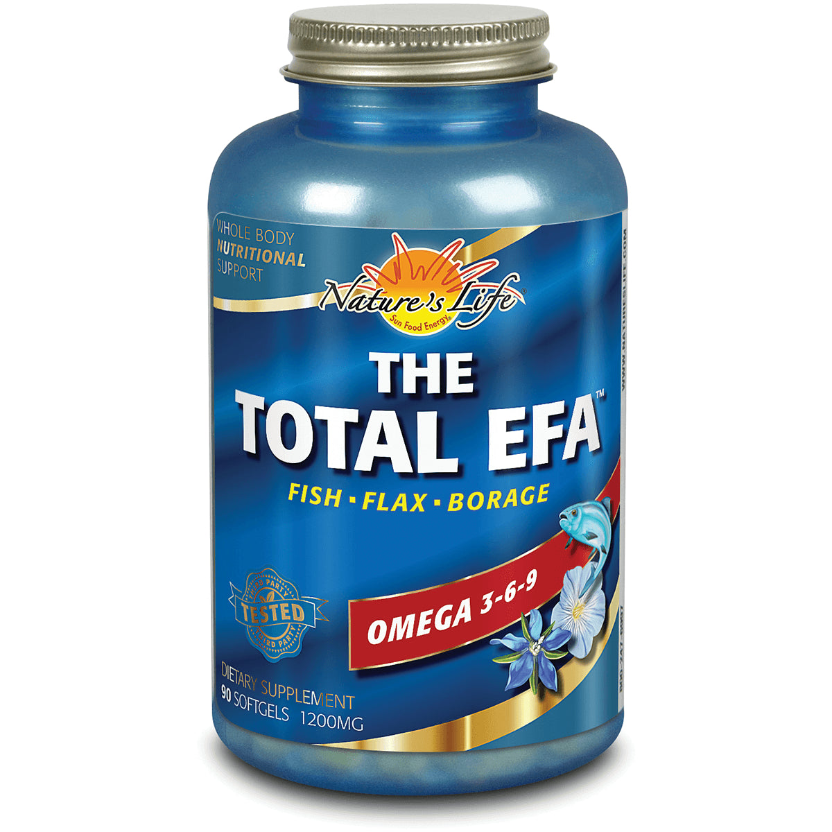 HS050 | Blue Nature's Life THE TOTAL EFA bottle labeled Fish, Flax, Borage Omega 3-6-9 90 softgels 1200MG
