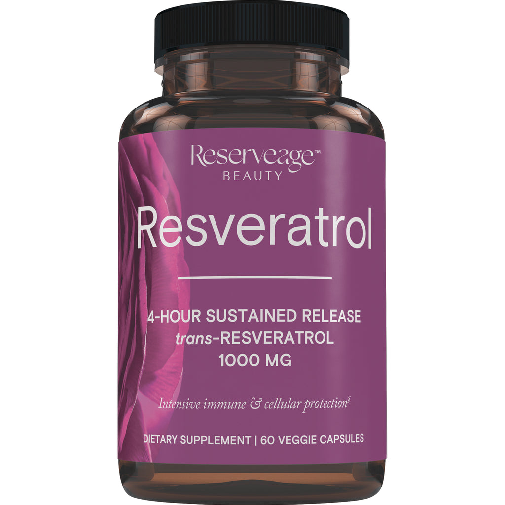 RSA039 | Reserveage Beauty Resveratrol bottle front label reading 4-hour sustained release trans-RESVERATROL 1000 MG, 60 veggie capsules - Thumbnail