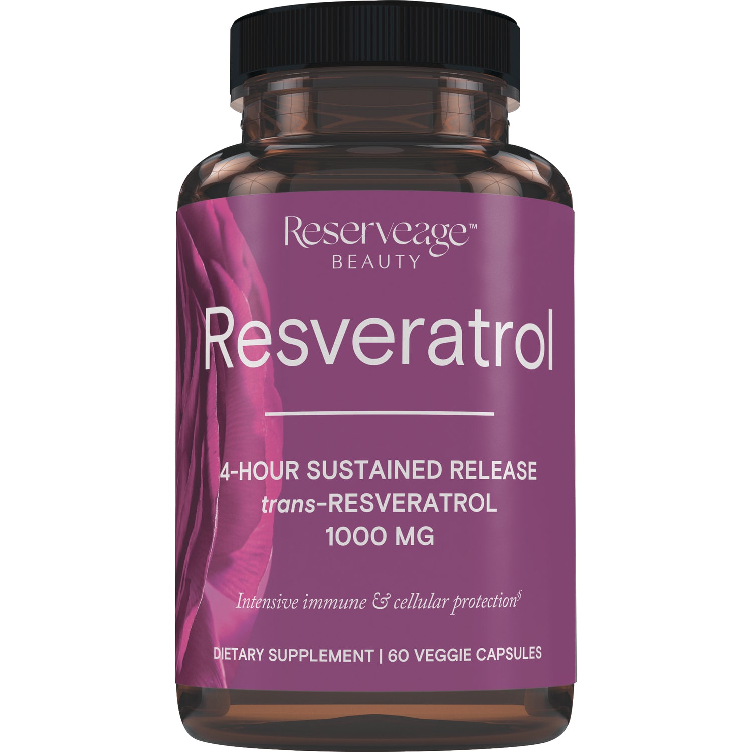 RSA039 | Reserveage Beauty Resveratrol bottle front label reading 4-hour sustained release trans-RESVERATROL 1000 MG, 60 veggie capsules