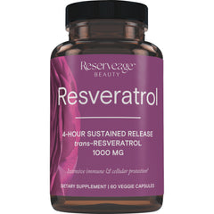 RSA039 | Reserveage Beauty Resveratrol bottle front label reading 4-hour sustained release trans-RESVERATROL 1000 MG, 60 veggie capsules