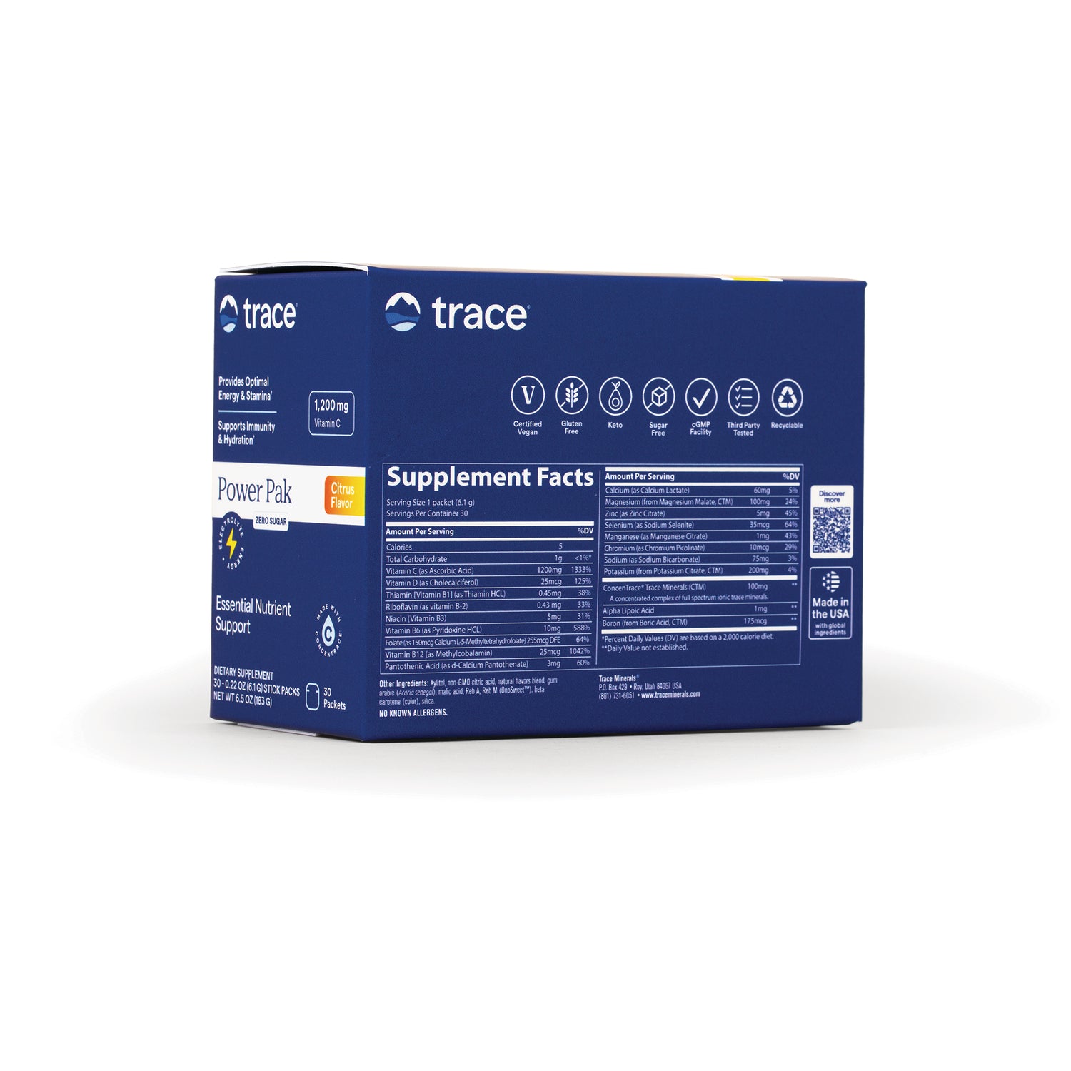 TM120 | Back of Trace Power Pak Citrus Flavor box with Supplement Facts panel and icons