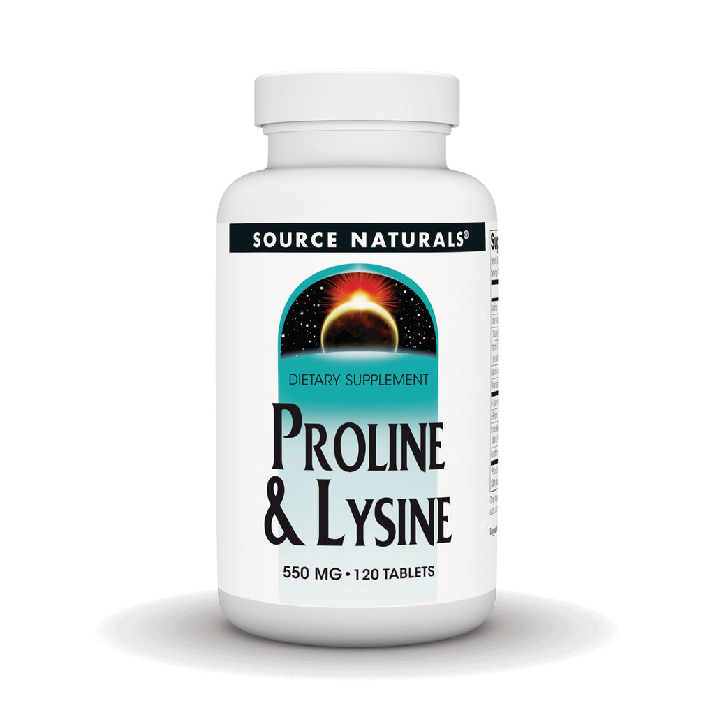 SN534 | Source Naturals Proline & Lysine dietary supplement, 550 mg, 120 tablets bottle front - Thumbnail