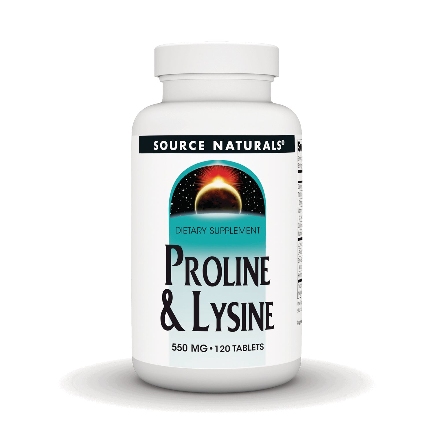 SN534 | Source Naturals Proline & Lysine dietary supplement, 550 mg, 120 tablets bottle front