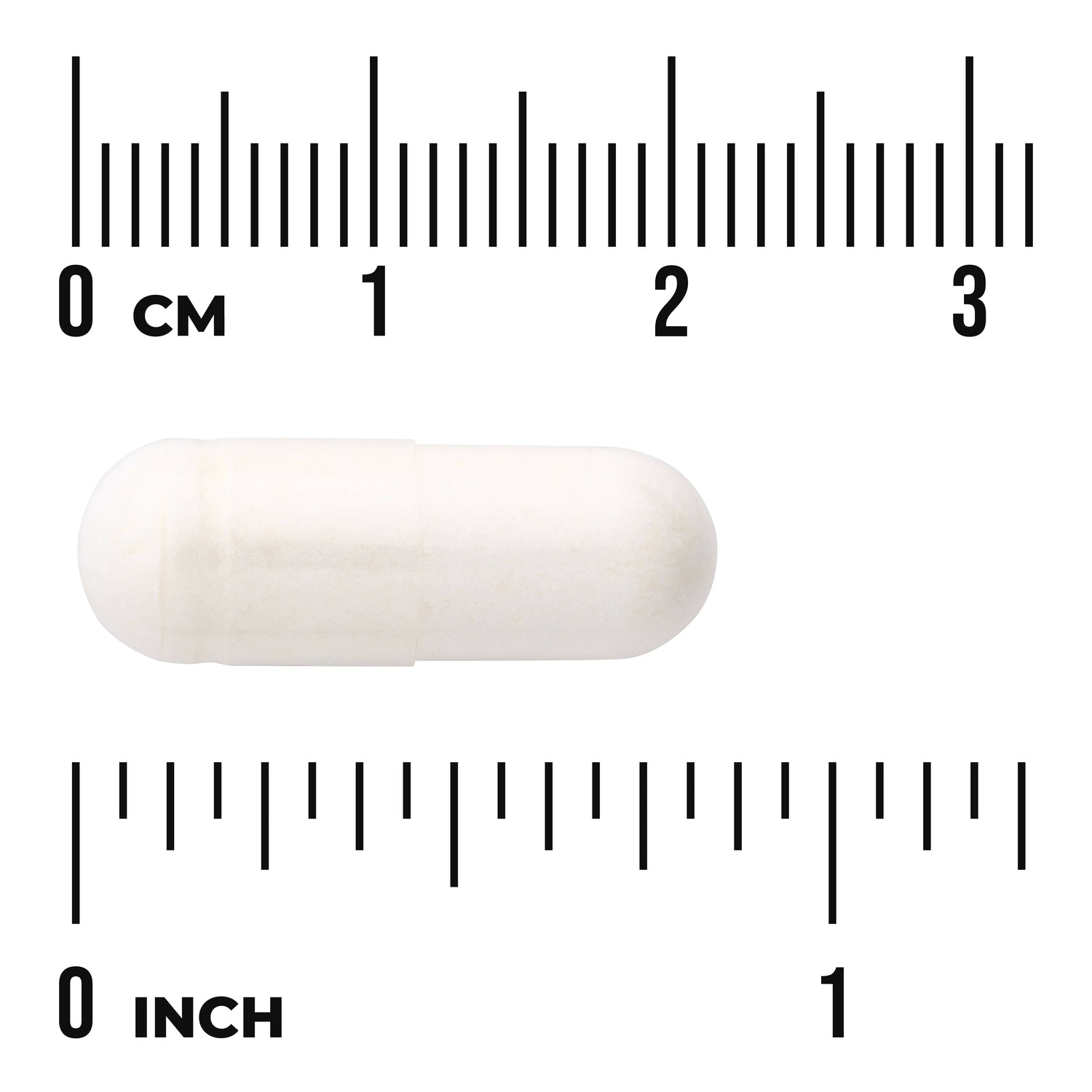 SW1521 | White capsule with size ruler in centimeters and inches for scale