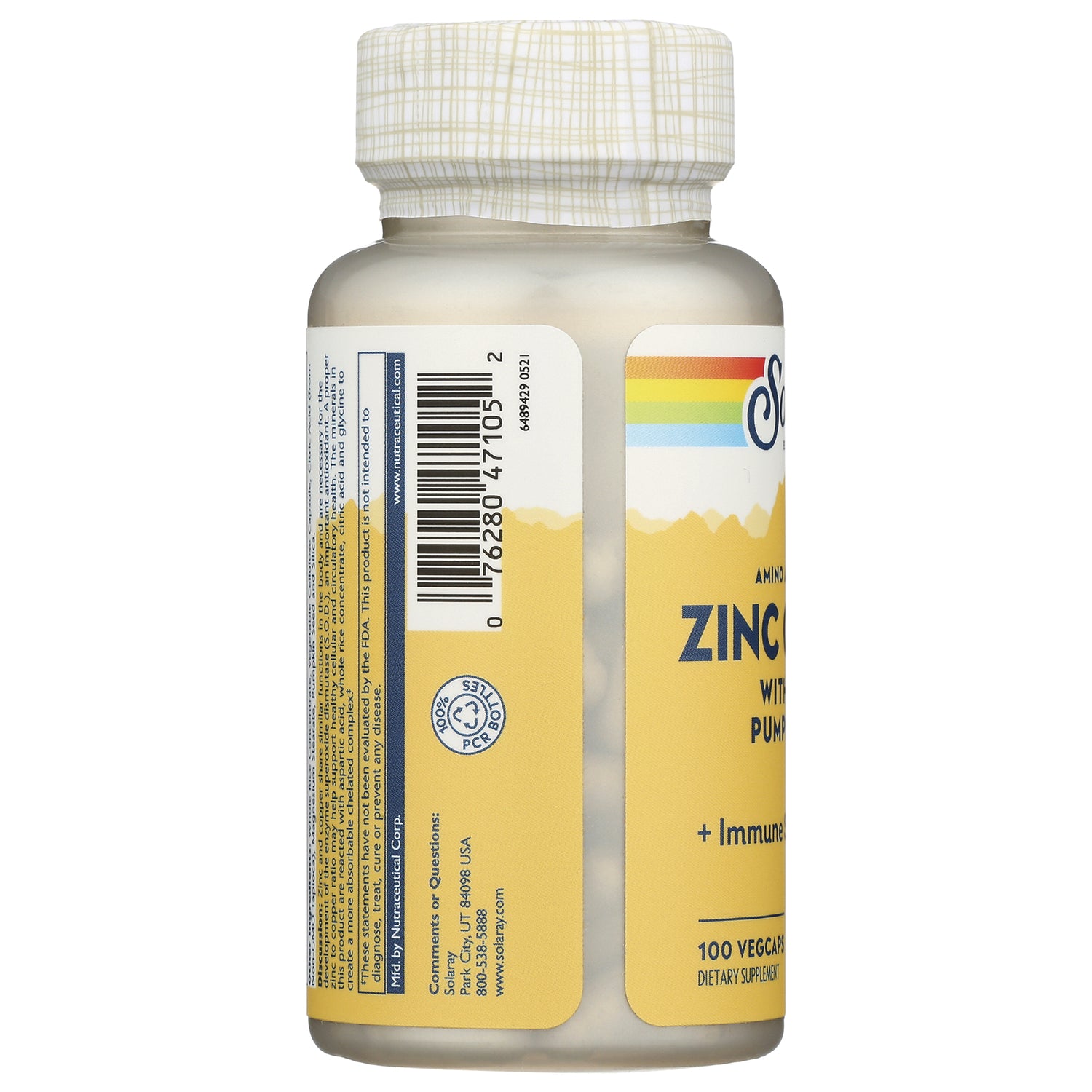 SLR284 | side label of yellow dietary supplement bottle showing barcode, ingredients panel and partial ZINC branding