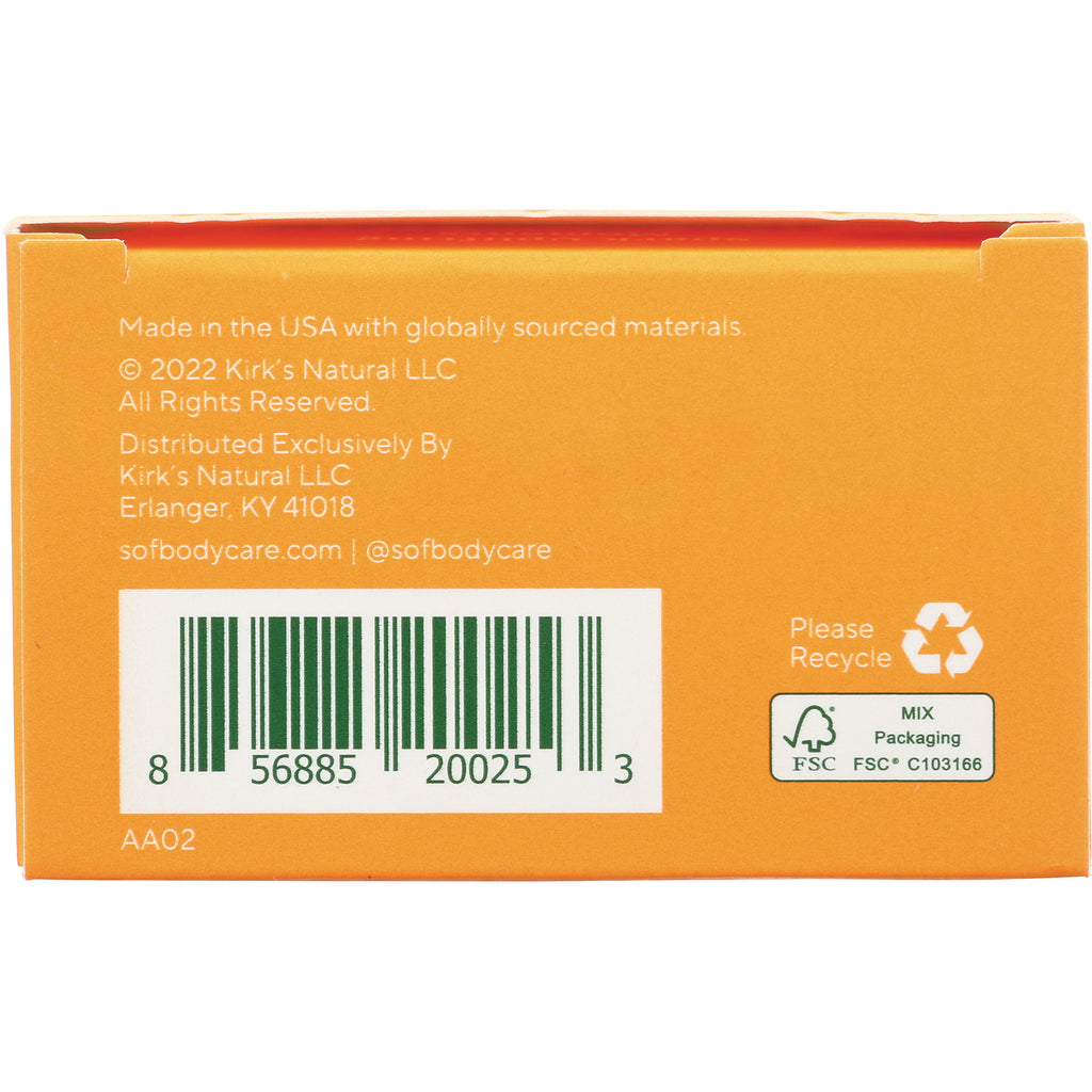 SOF011 | Orange soap box back with barcode, Made in the USA text, sofbodycare.com, and Please Recycle, FSC Mix logos - Thumbnail