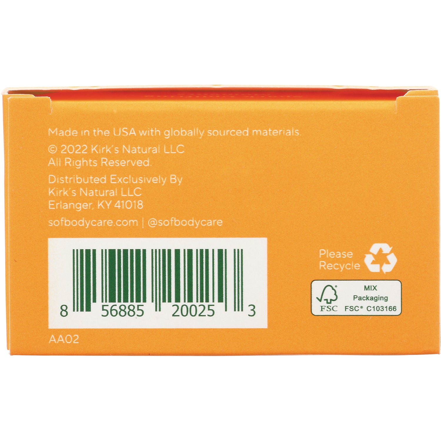 SOF011 | Orange soap box back with barcode, Made in the USA text, sofbodycare.com, and Please Recycle, FSC Mix logos