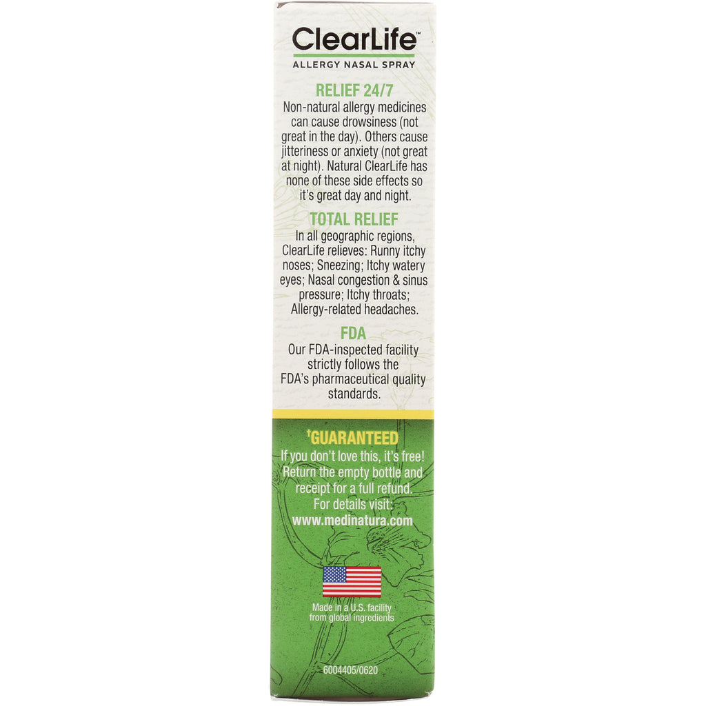 MNA037 | ClearLife allergy nasal spray product infographic with relief claims, FDA statement, guarantee and US flag - Thumbnail