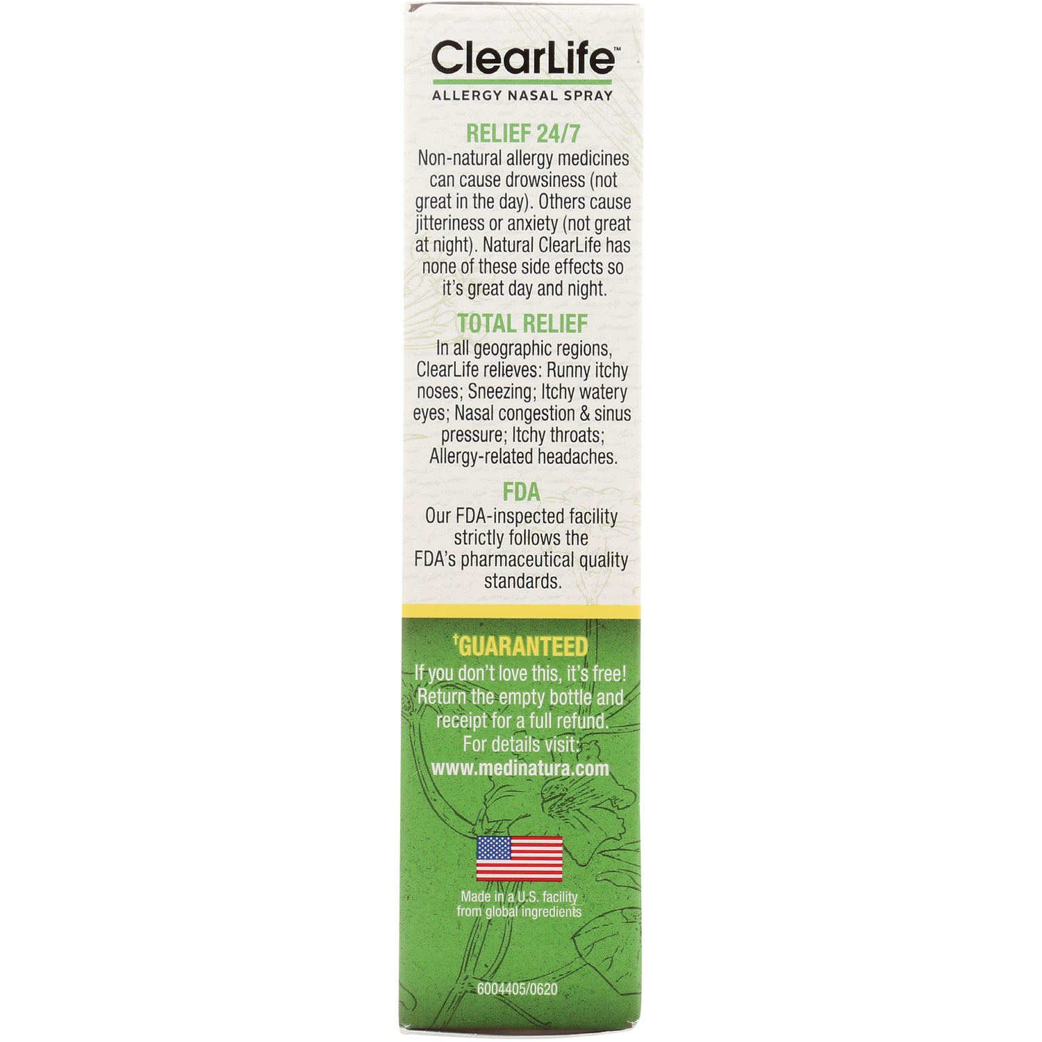 MNA037 | ClearLife allergy nasal spray product infographic with relief claims, FDA statement, guarantee and US flag
