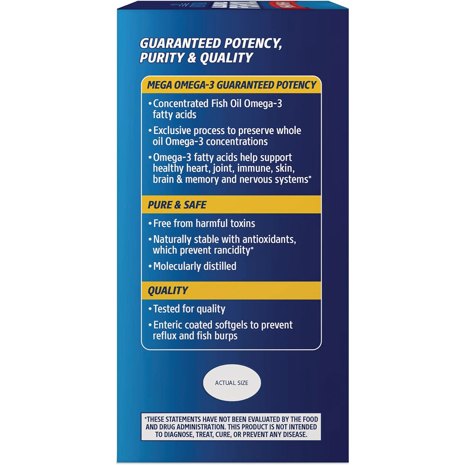 CNT008 | product infographic on blue box listing Mega Omega-3 guaranteed potency, pure & safe, and quality features