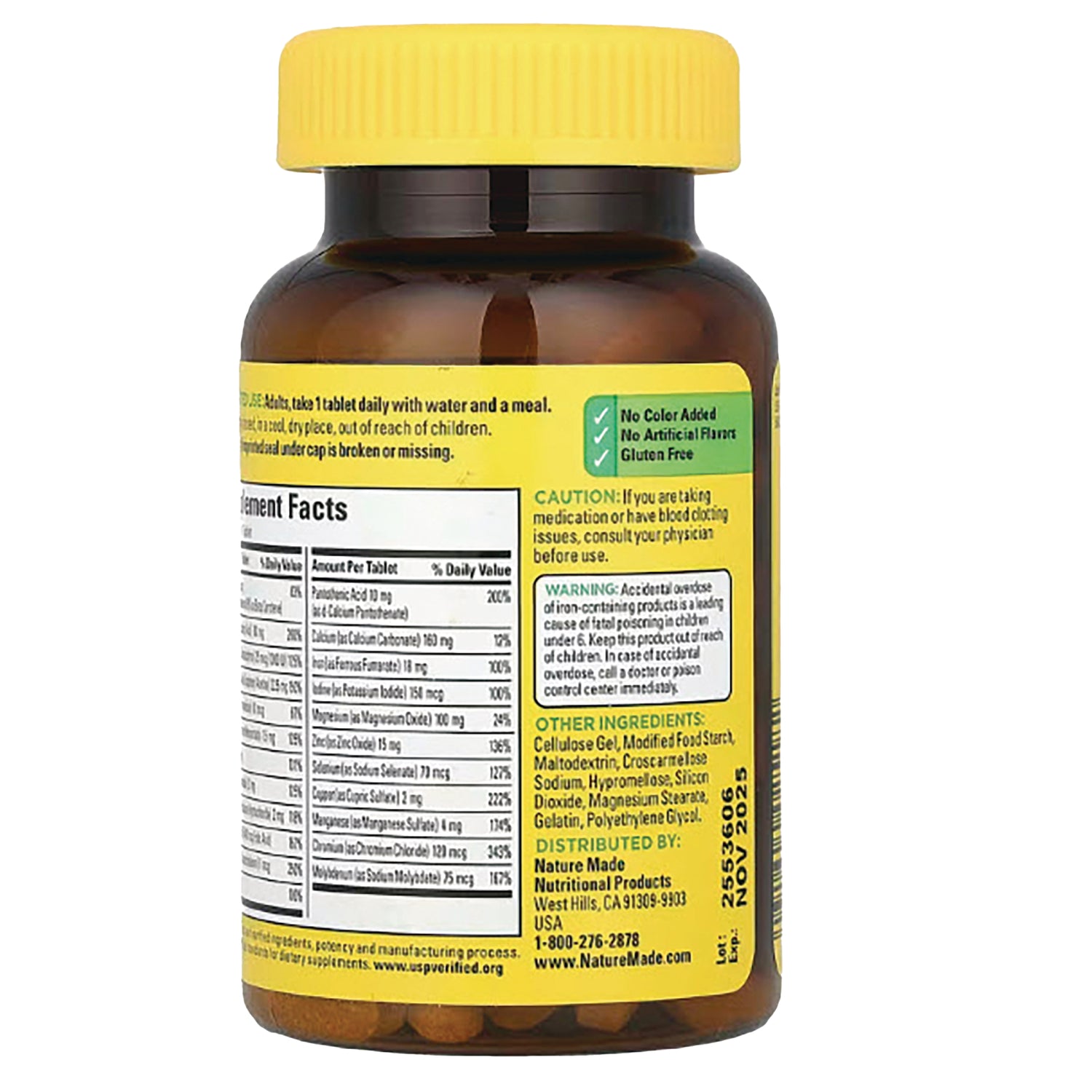 NTM043 | Back of amber supplement bottle with yellow cap showing Supplement Facts panel, warnings, and ingredient list