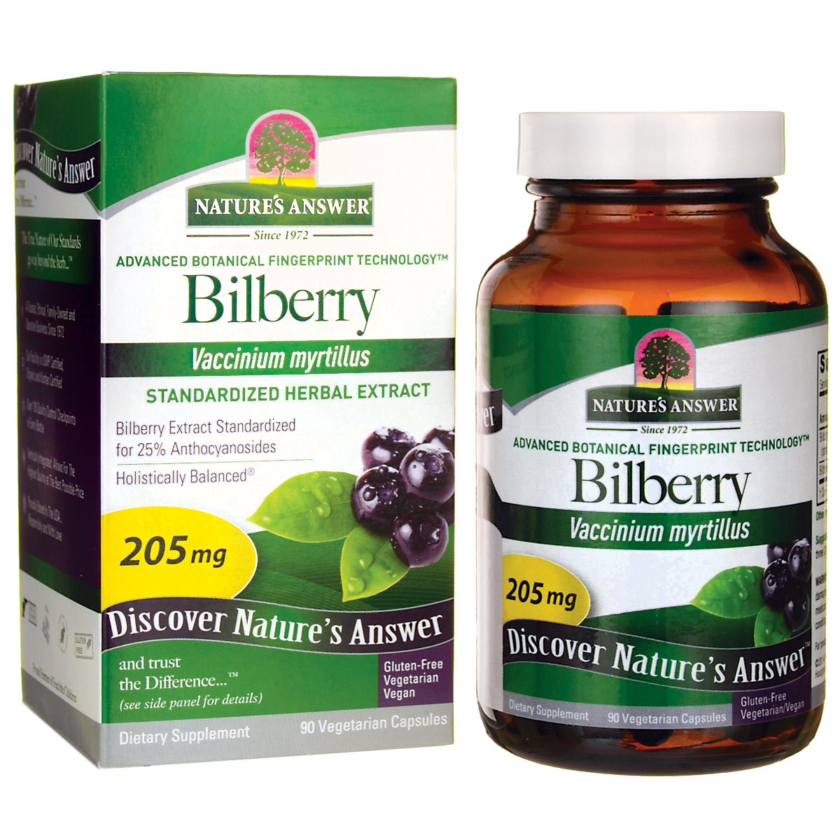 NAT005 | Nature's Answer Bilberry dietary supplement box and bottle, 205 mg, 90 vegetarian capsules