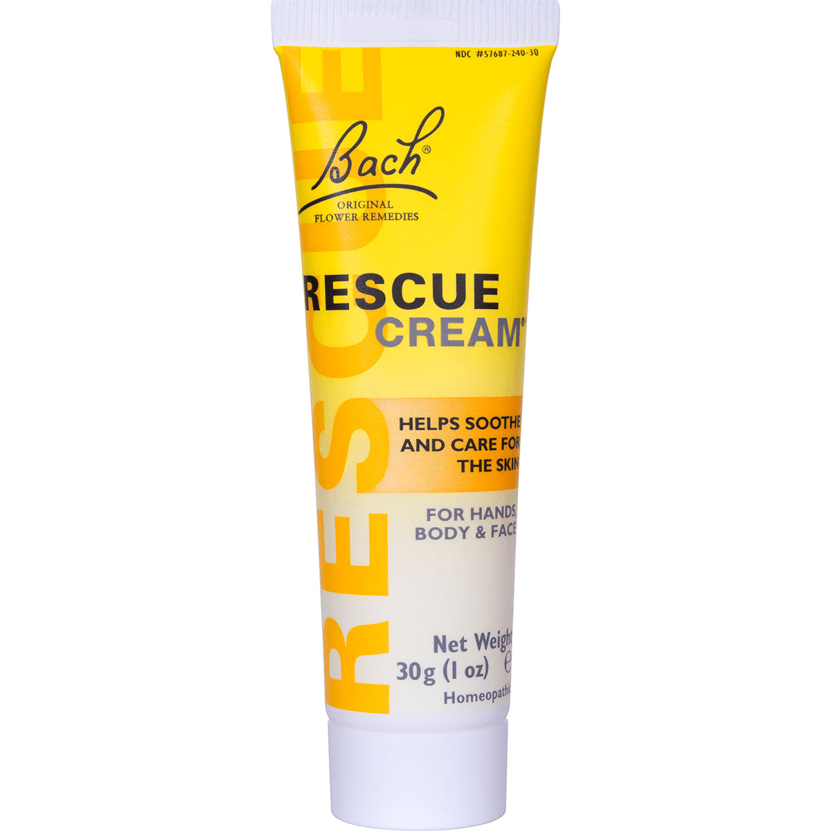 BFL024 | Front view of Bach Rescue Cream yellow tube labeled RESCUE CREAM for hands, body & face 30 g