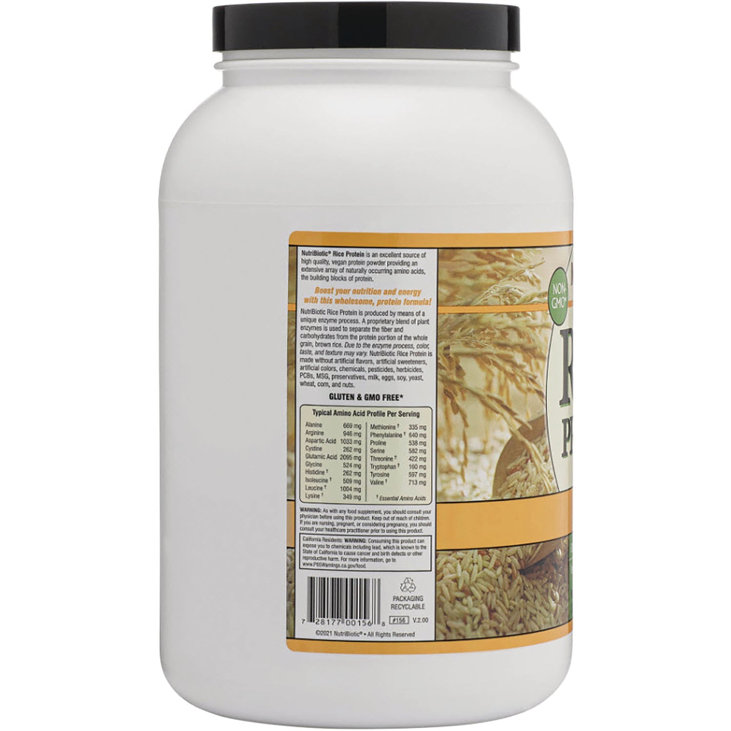 NUB006 | Back label showing nutrition facts, ingredients and barcode on white protein powder tub