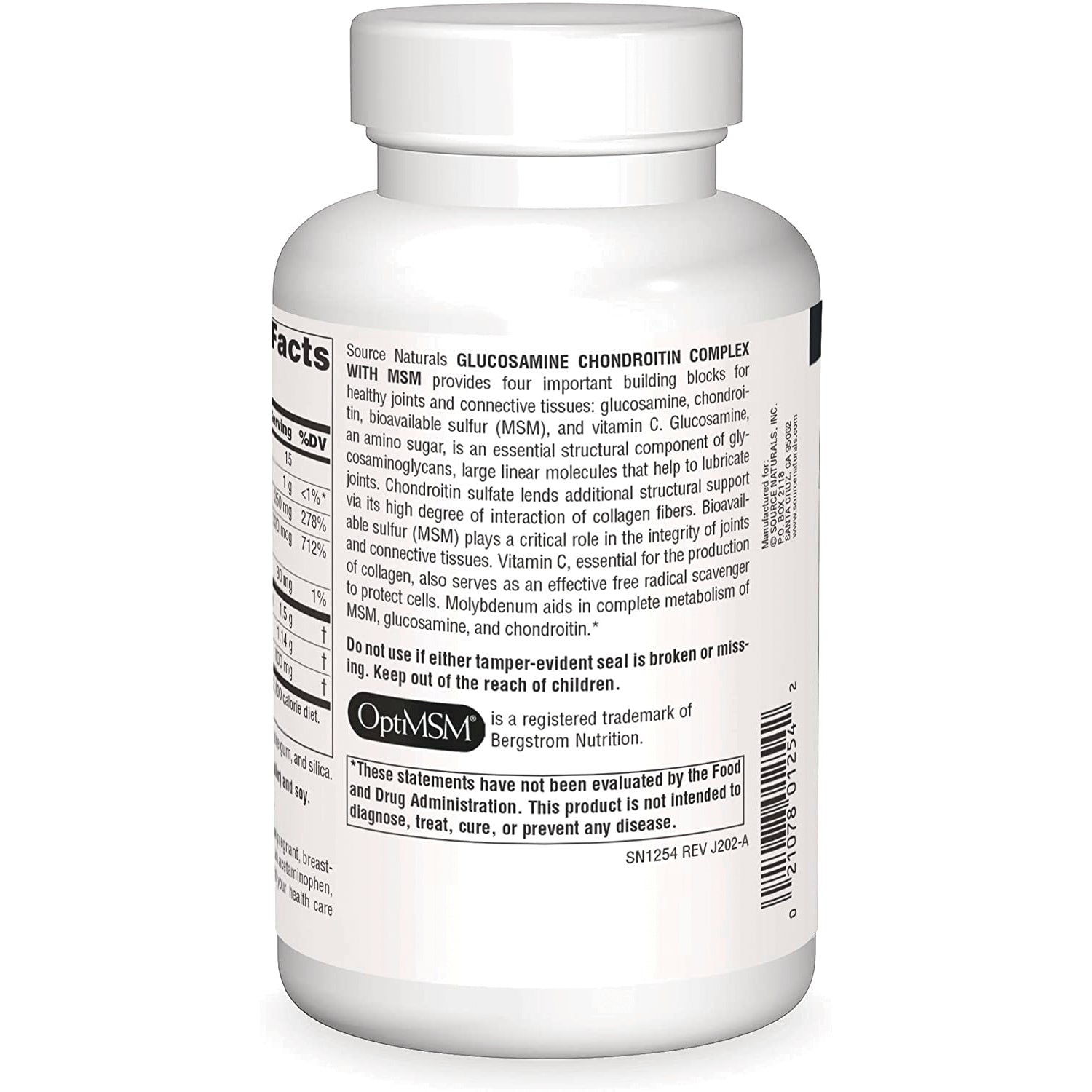 SN112 | Back of white supplement bottle showing supplement facts panel, OptiMSM logo and barcode
