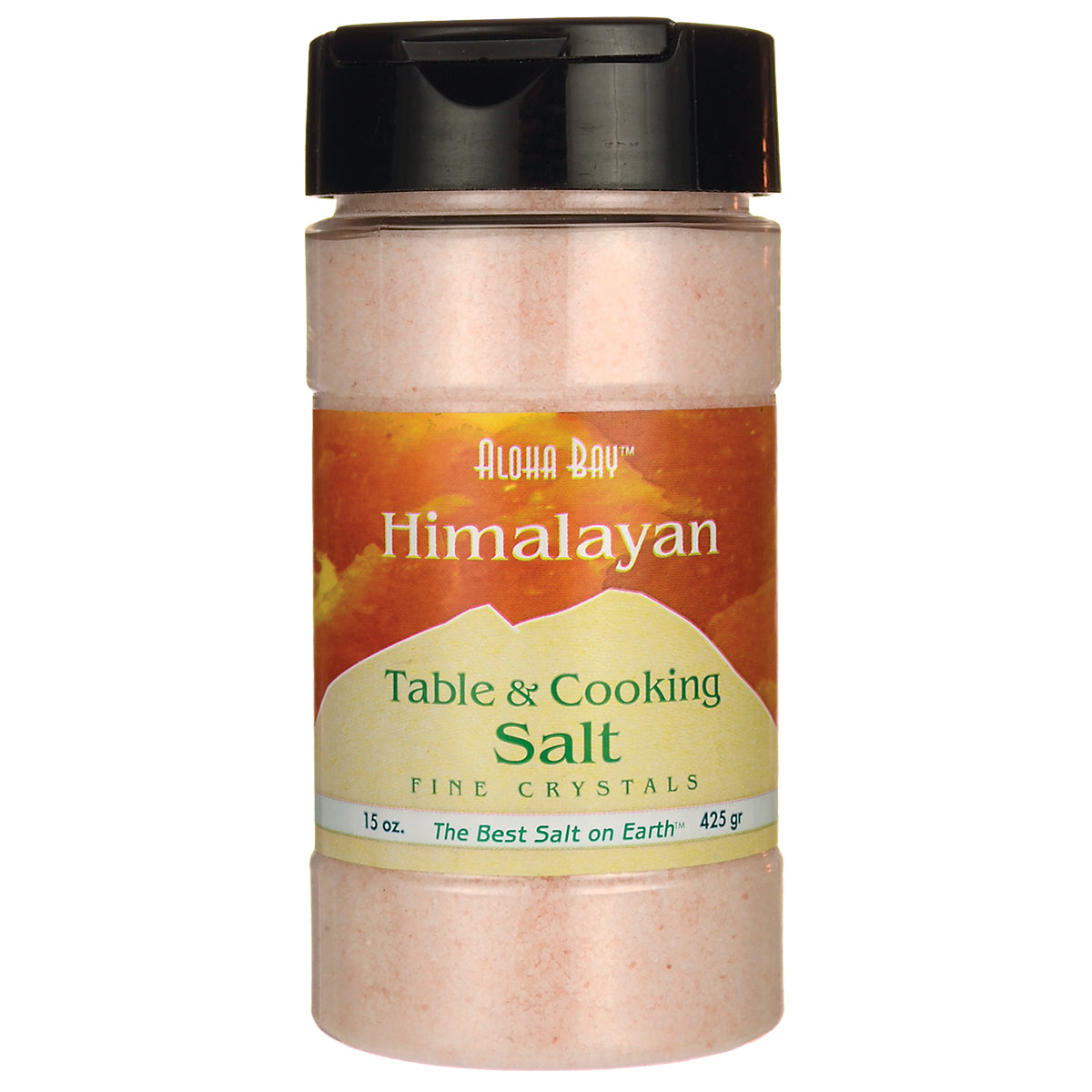 HMS014 | A spice shaker of Aloha Bay Himalayan Table & Cooking Salt showing orange label and pink fine crystals
