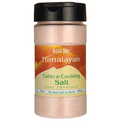 HMS014 | A spice shaker of Aloha Bay Himalayan Table & Cooking Salt showing orange label and pink fine crystals