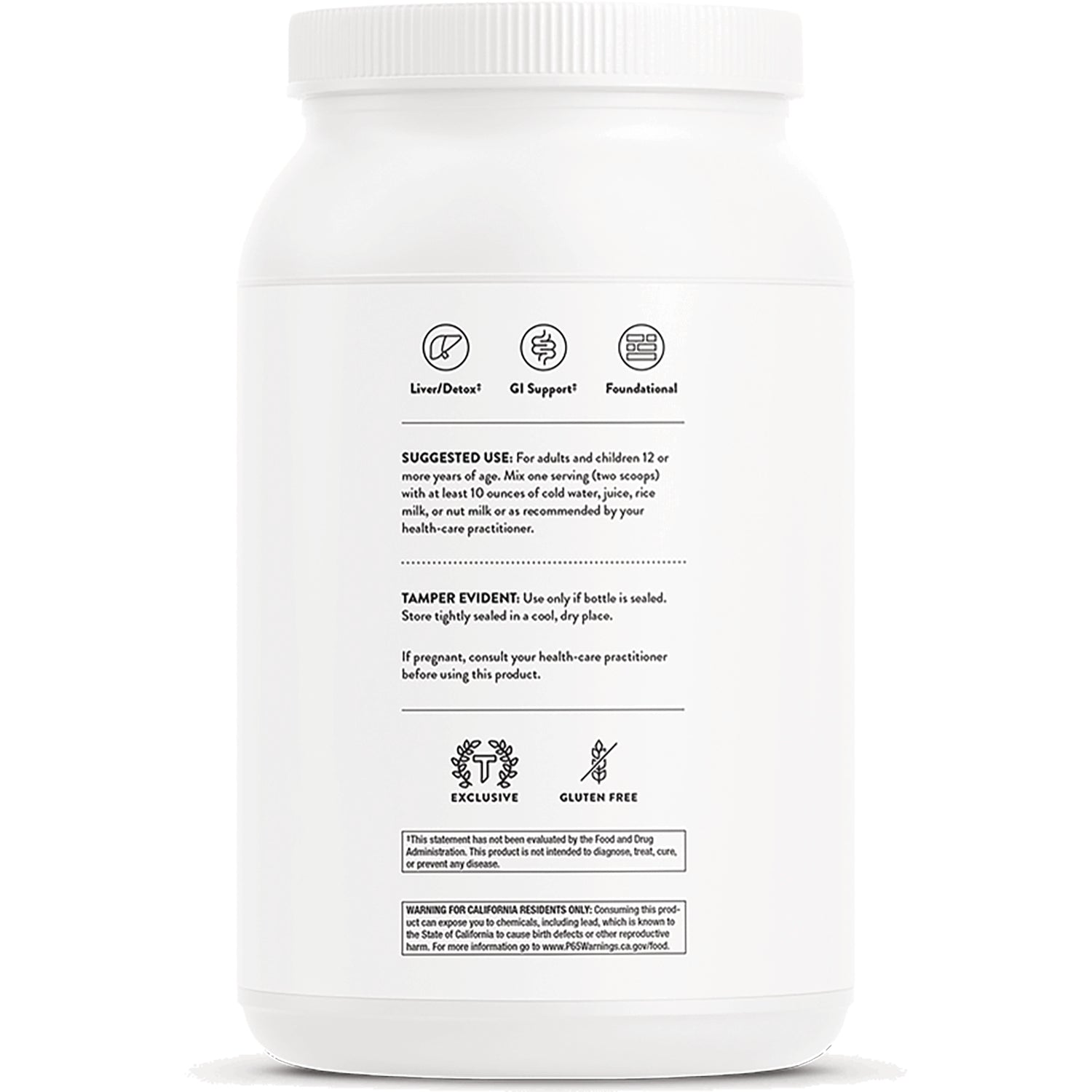 TRN009 | Back of white supplement jar showing suggested use, tamper-evident notice, warnings, and Gluten Free icon