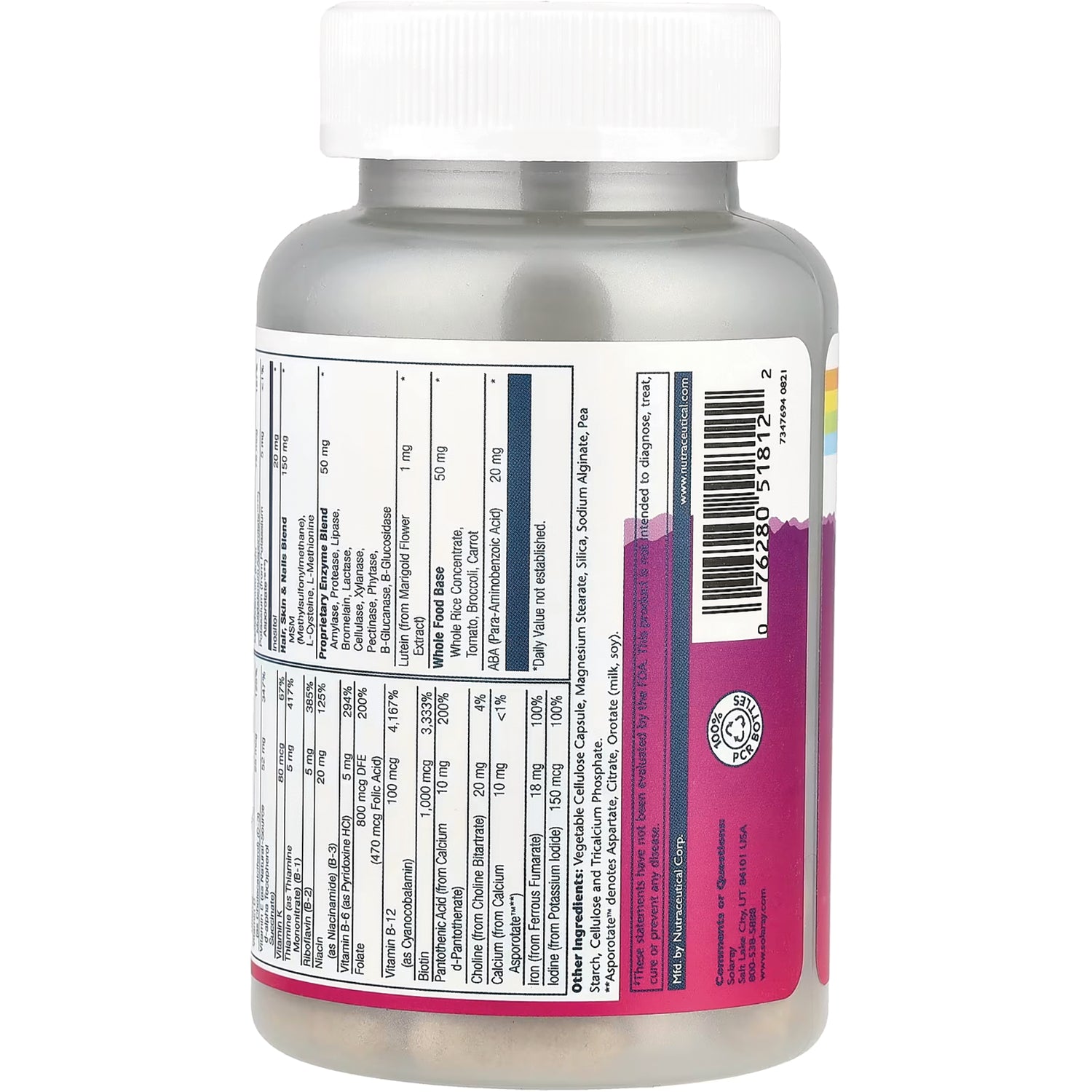 SLR351 | back label of supplement bottle showing nutrition facts panel, ingredients list, and barcode