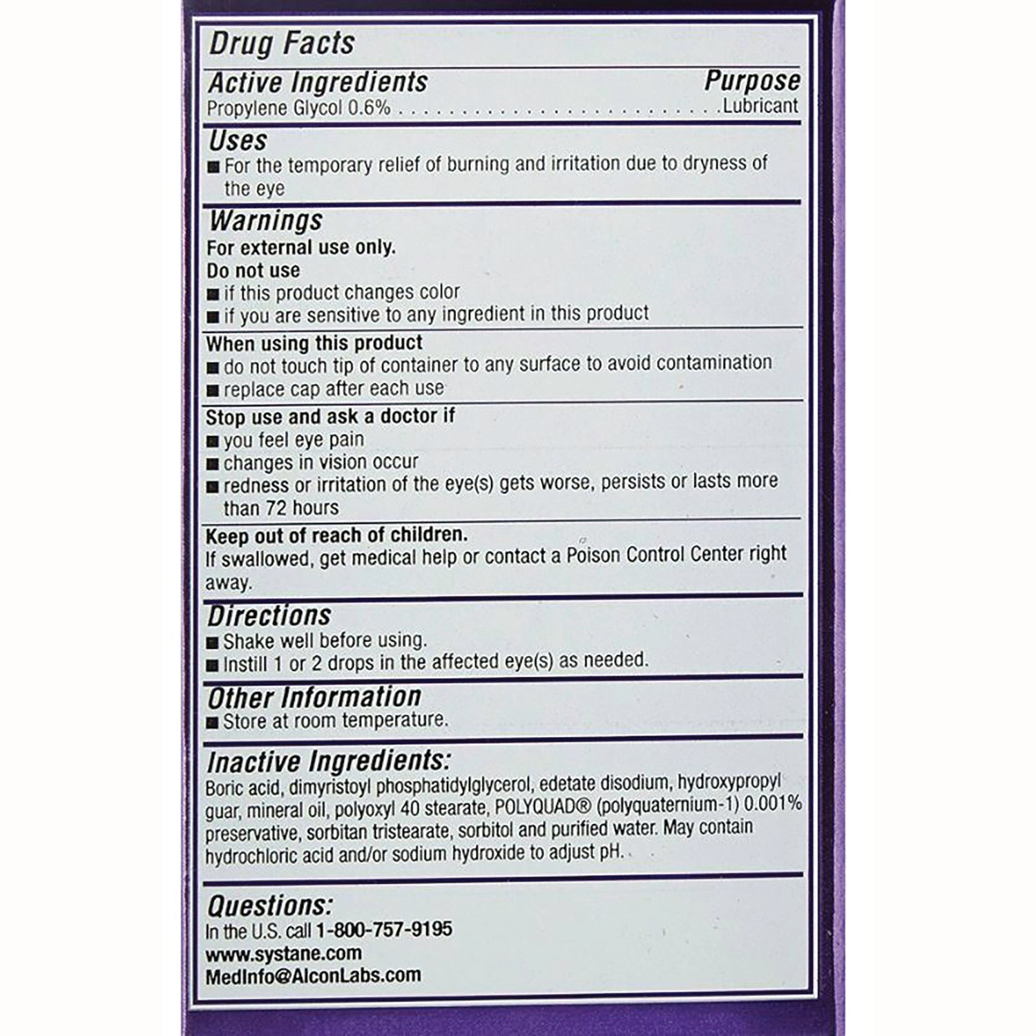 ACN012 | Back label Drug Facts with active ingredient propylene glycol 0.6% and directions