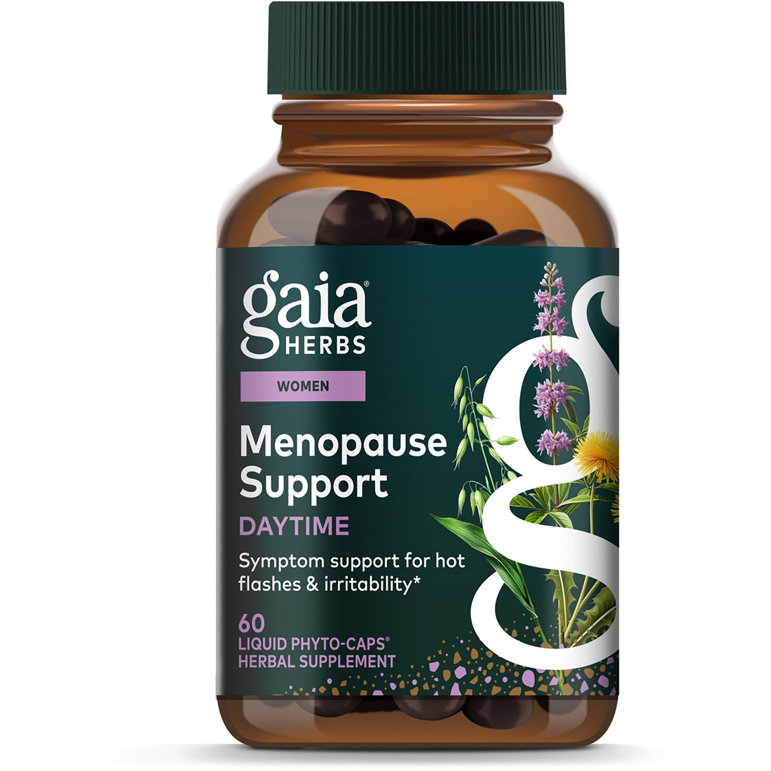 GH079 | Gaia Herbs Menopause Support daytime box labeled combats symptoms including hot flashes & irritability, 60 vegan liquid phyto-caps