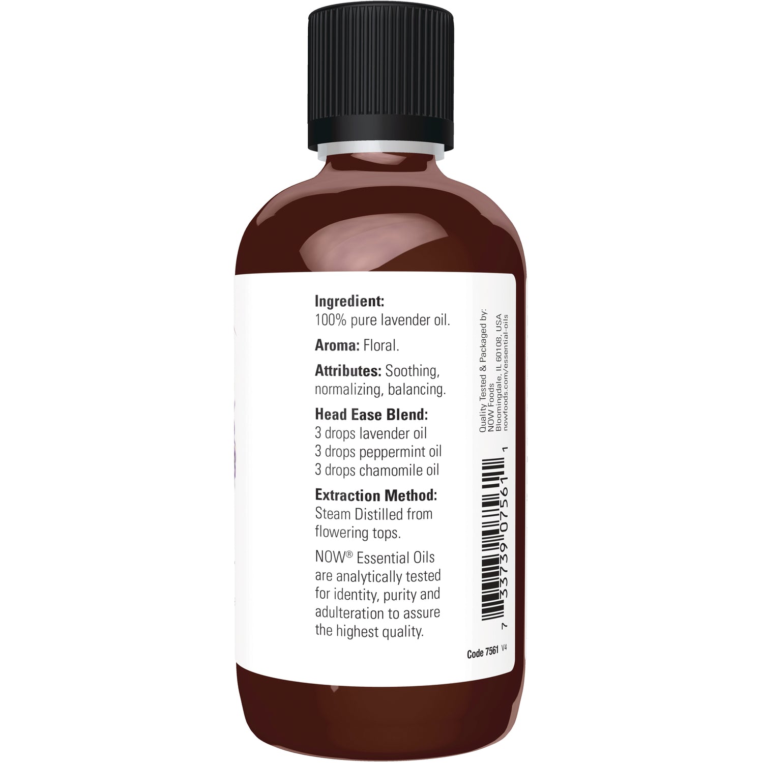 NWF132 | Back label of amber bottle listing ingredient 100% pure lavender oil, Head Ease blend drops, extraction method and barcode