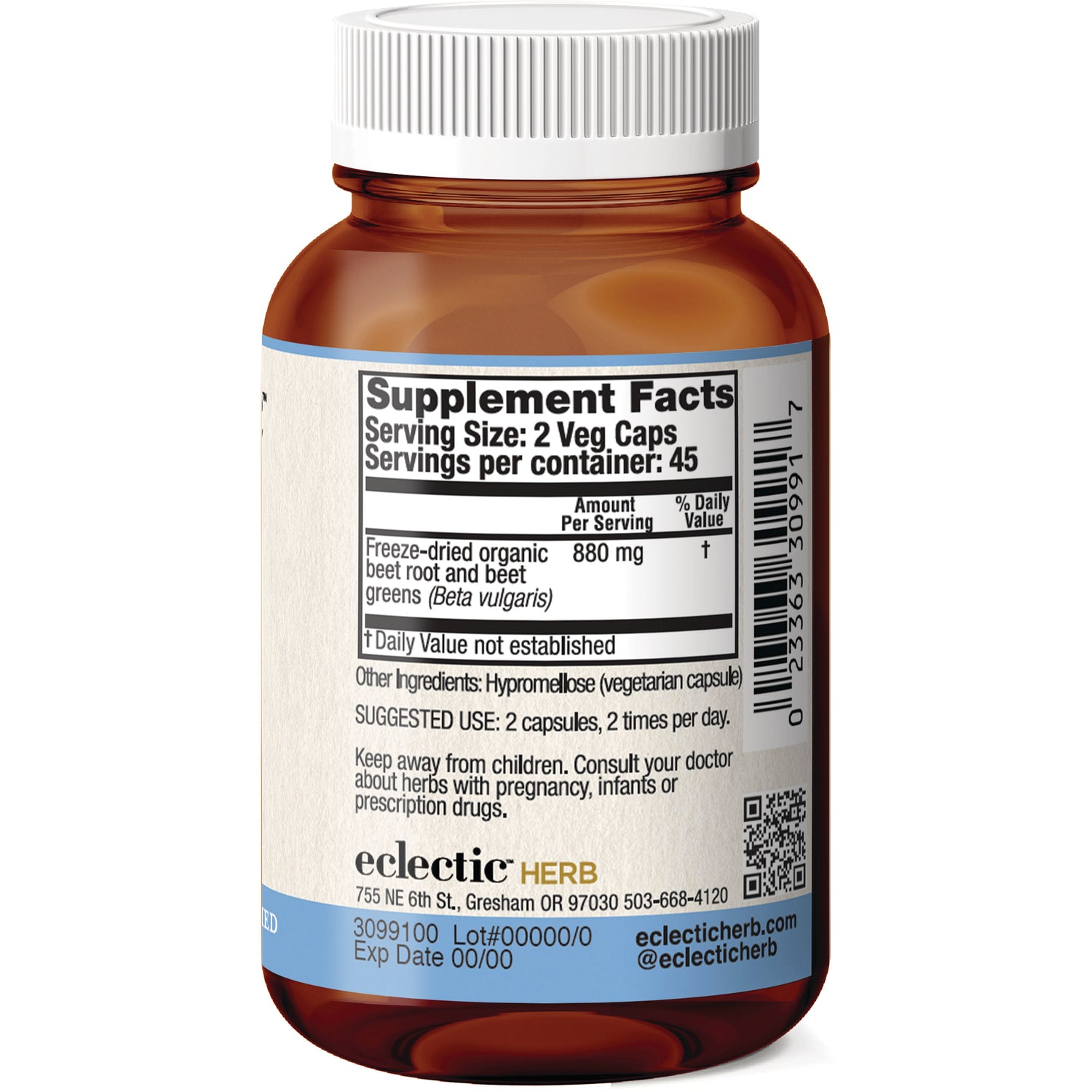 EC020 | Back label showing Supplement Facts for freeze-dried beet root veg caps; serving size 2 veg caps, 880 mg, suggested use and warnings