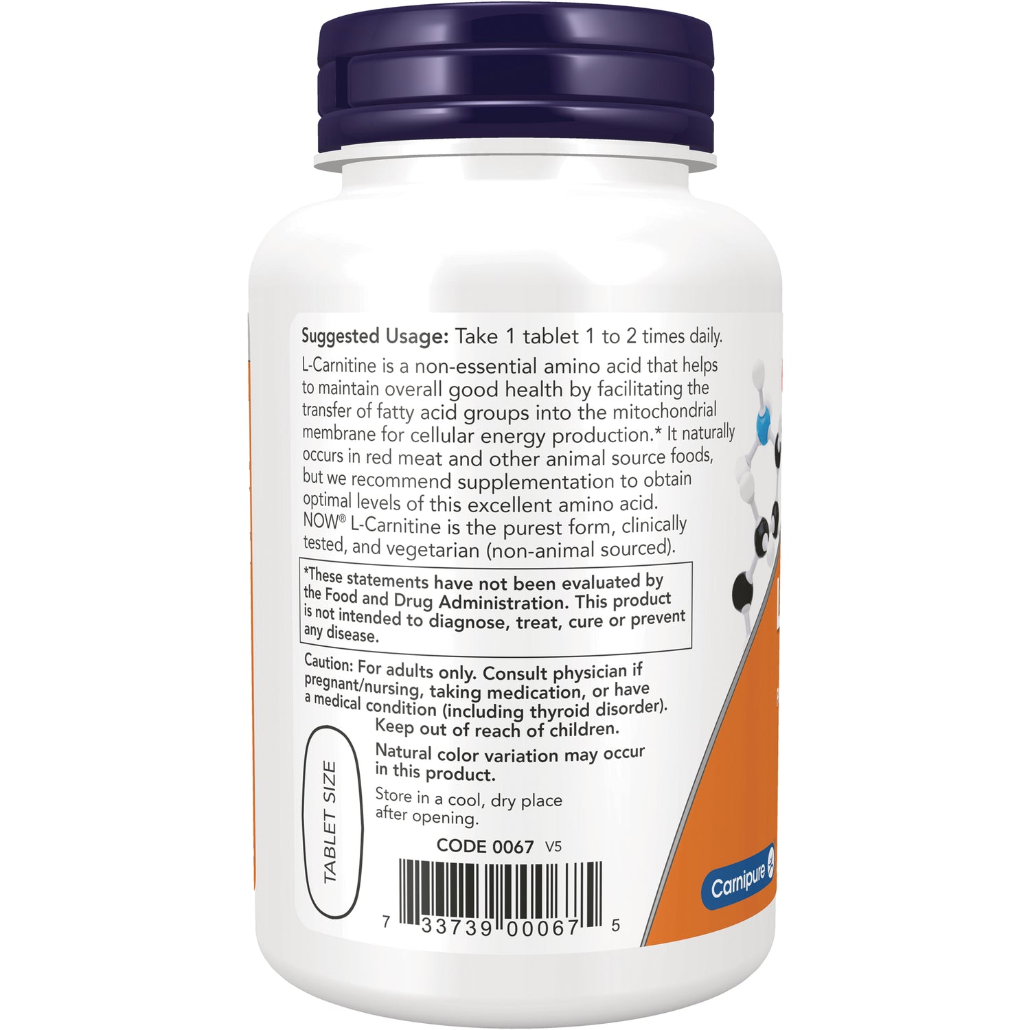NWF829 | back label of white supplement bottle showing suggested usage, caution text, and barcode