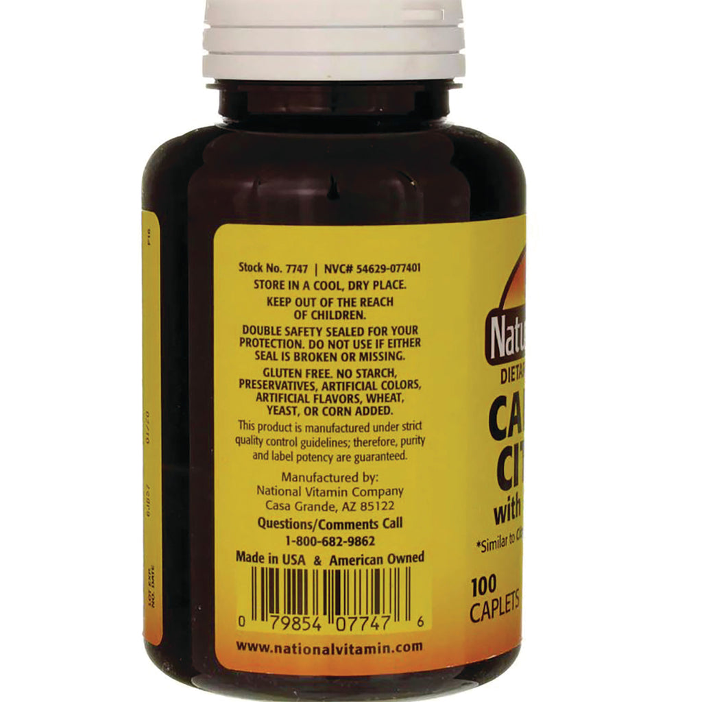 NAB028 | Back label of amber supplement bottle showing storage warnings, barcode, manufacturer info and 100 caplets - Thumbnail