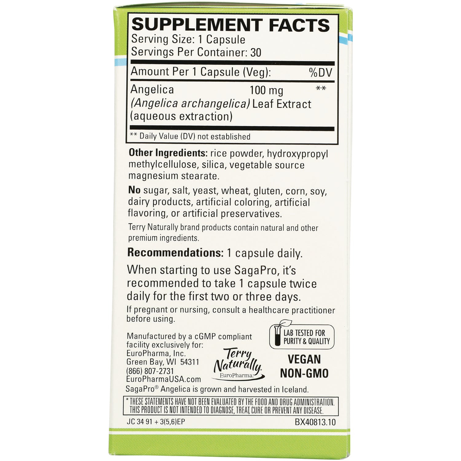 EUR030 | back of supplement box showing Supplement Facts, ingredient list, recommendations, and Vegan Non-GMO label