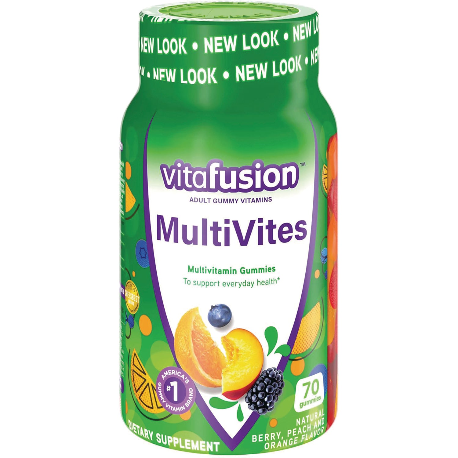 VFS003 | vitafusion MultiVites multivitamin gummies bottle, 70 gummies, berry, peach and orange flavor