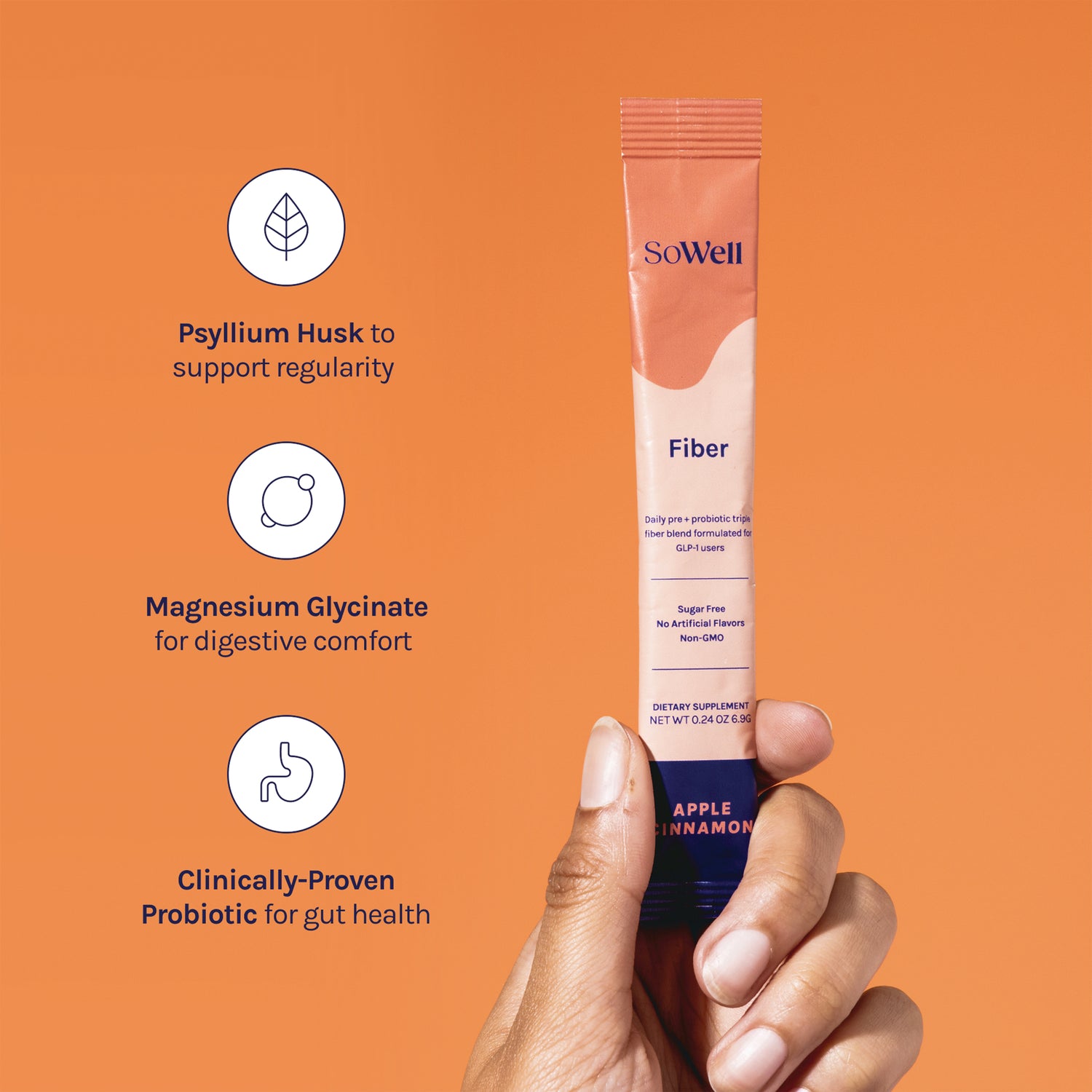 SOW003 | SoWell Fiber stick pack with benefits: Psyllium Husk, Magnesium Glycinate, Clinically-Proven Probiotic