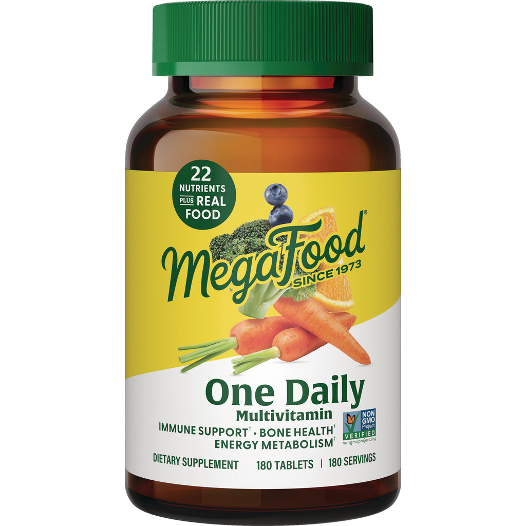 MGF011 | MegaFood One Daily multivitamin bottle front with carrots, broccoli and label reading 22 nutrients plus real food - Thumbnail