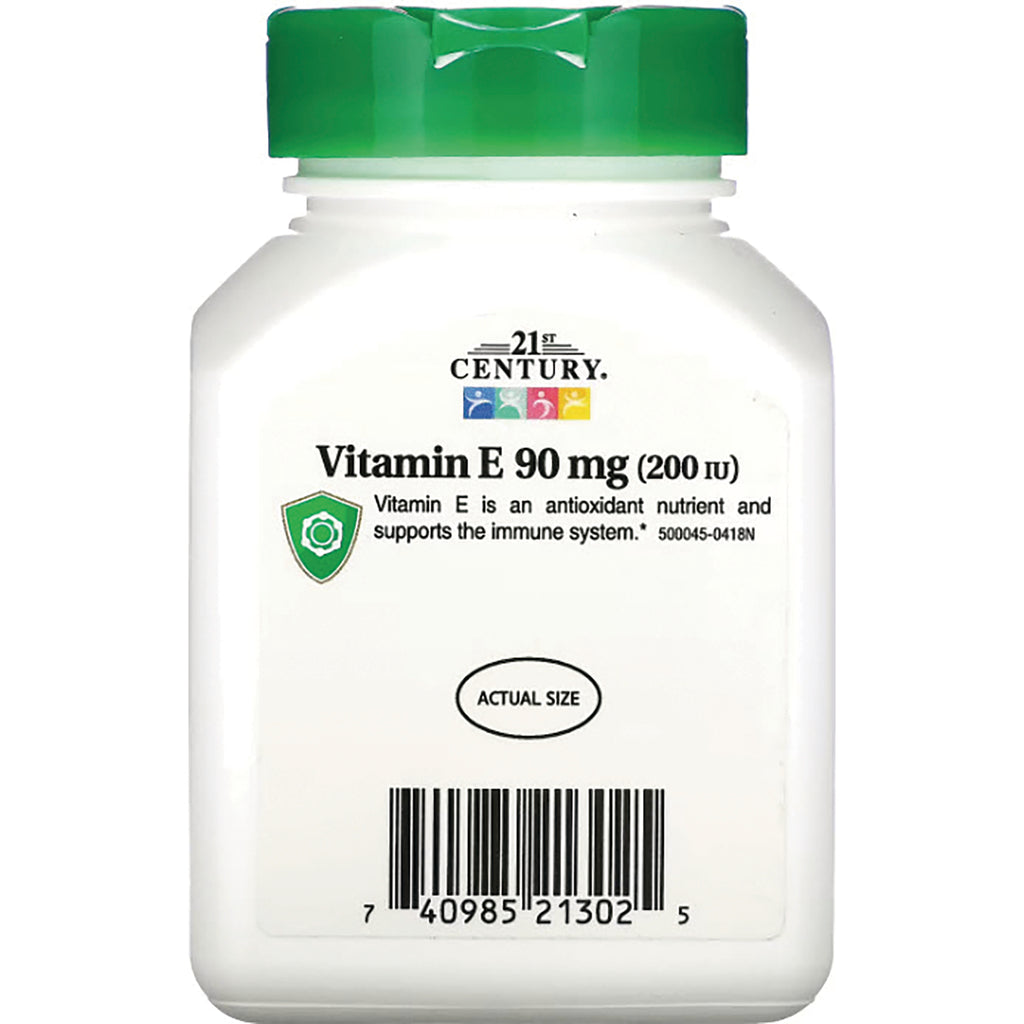 CNT185 | white supplement bottle label showing 21st Century Vitamin E 90 mg (200 IU), actual size marker and barcode - Thumbnail