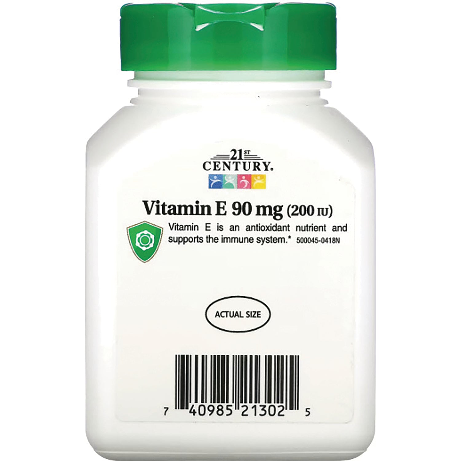 CNT185 | white supplement bottle label showing 21st Century Vitamin E 90 mg (200 IU), actual size marker and barcode