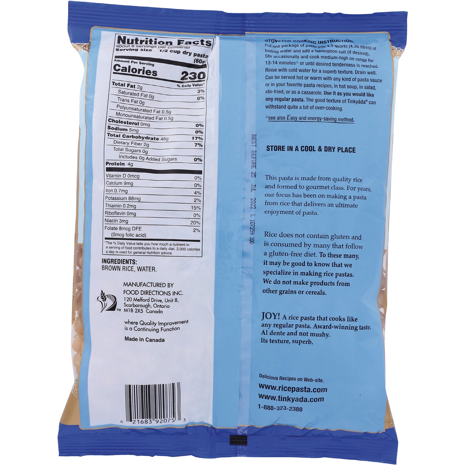TKY011 | Back of rice pasta package with Nutrition Facts panel and ingredients: brown rice, water