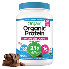 OGN010 | Orgain Organic Protein powder jar, creamy chocolate fudge flavor, 21g plant protein, vegan