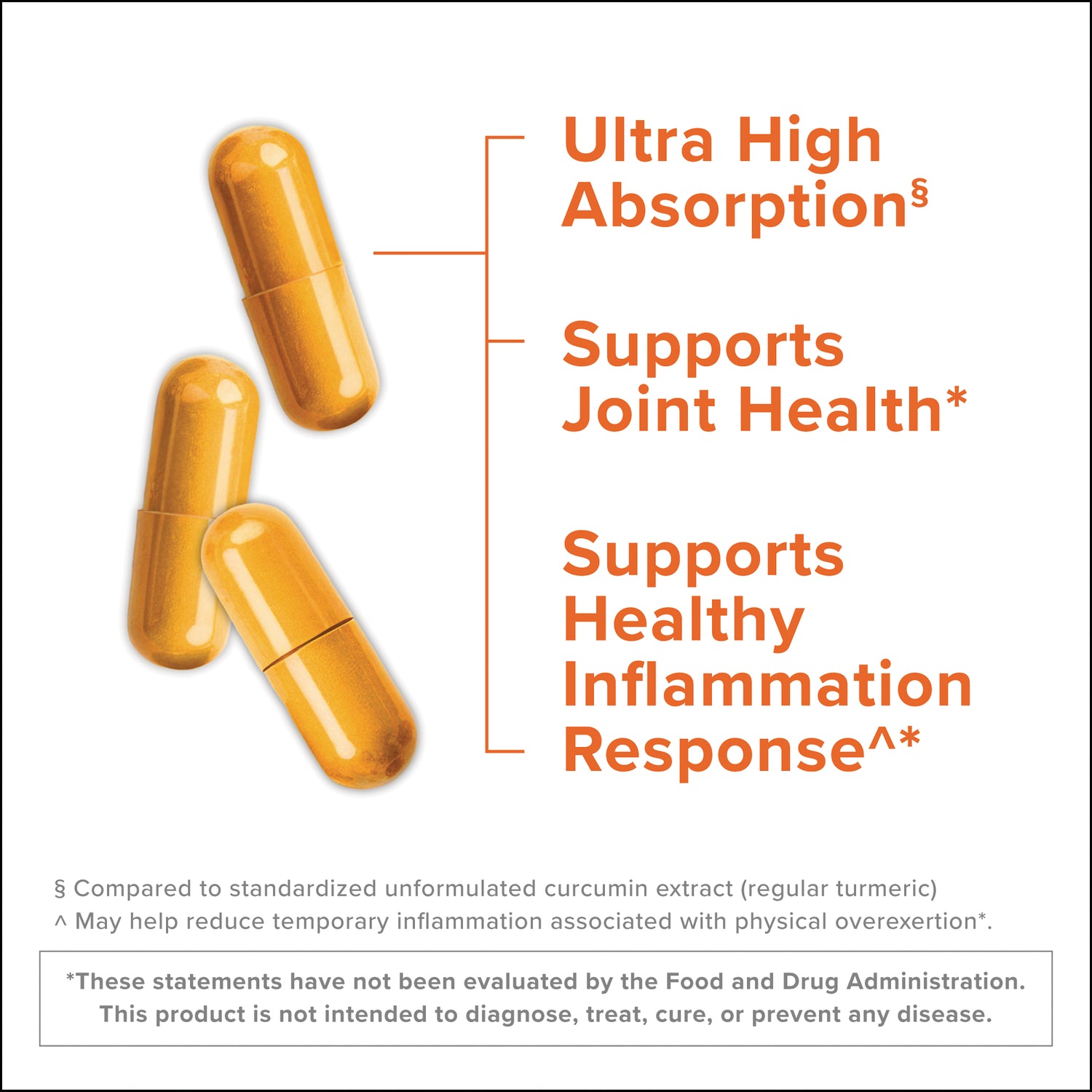 QNL011 | Three golden capsules with text highlighting ultra high absorption, joint health, and healthy inflammation response