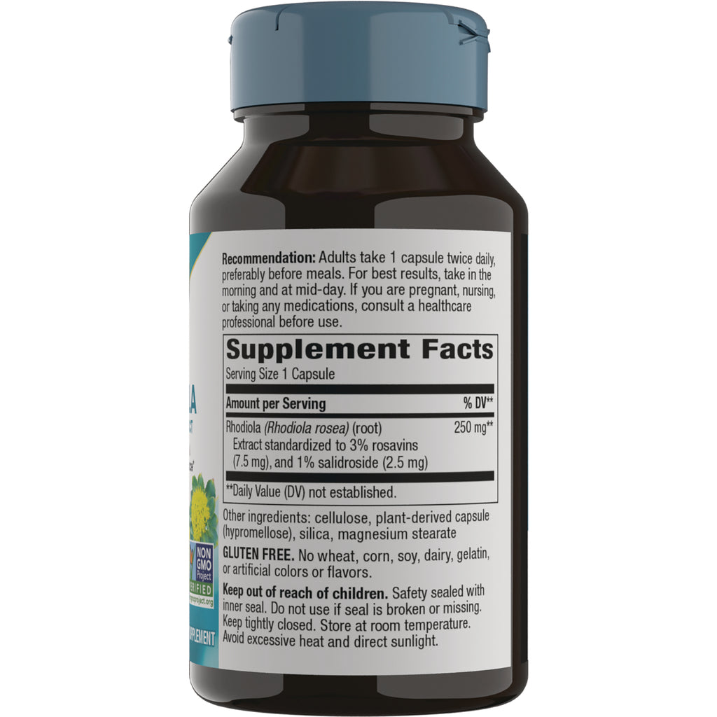 NW787 | Back of brown supplement bottle showing Supplement Facts panel with Rhodiola 250 mg serving, usage directions and warnings - Thumbnail