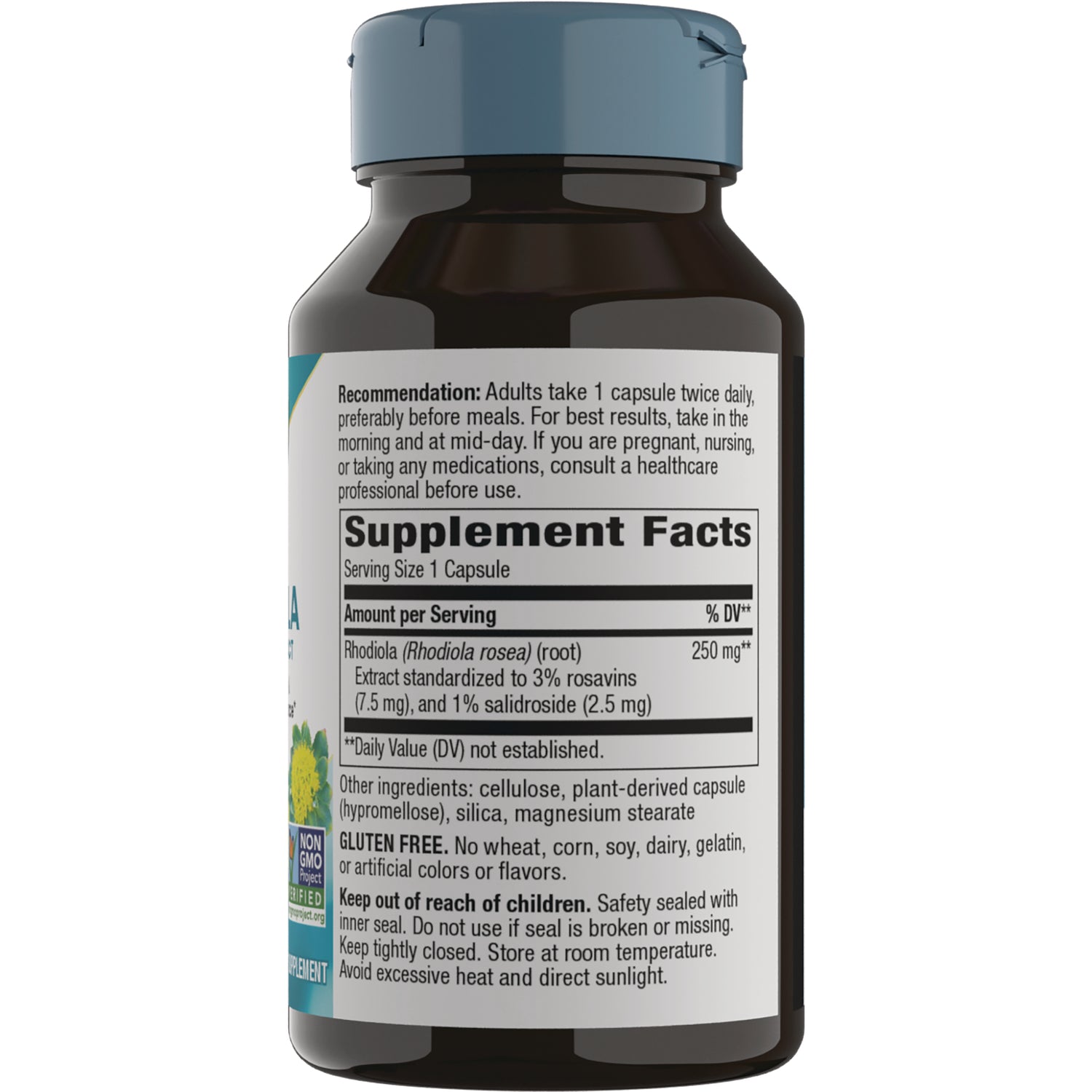 NW787 | Back of brown supplement bottle showing Supplement Facts panel with Rhodiola 250 mg serving, usage directions and warnings